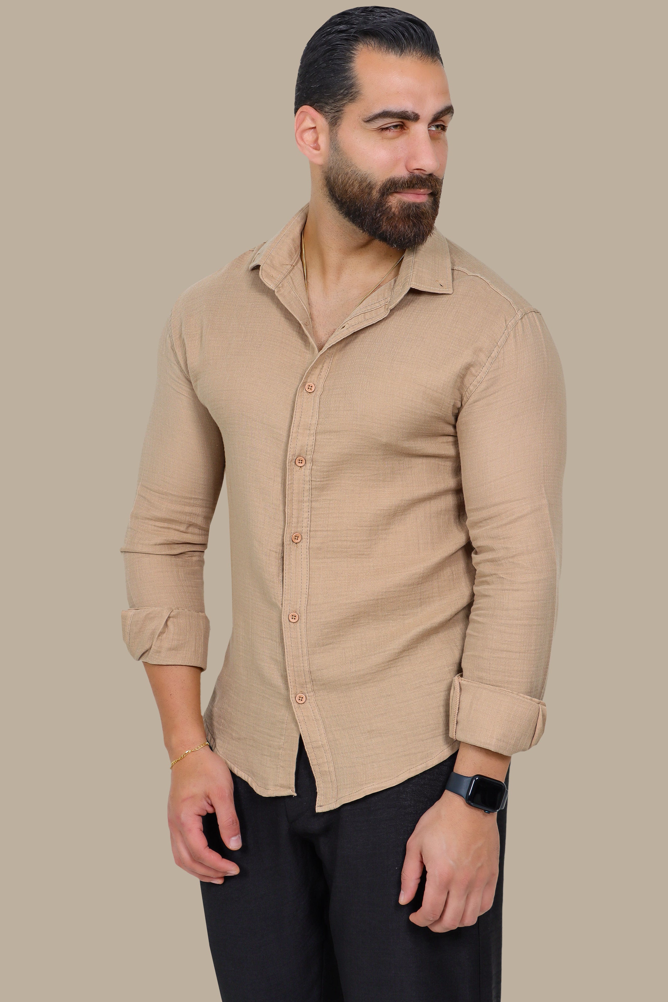 Timeless Ease: Long-Sleeve Linen Button-Down Shirt in Beige