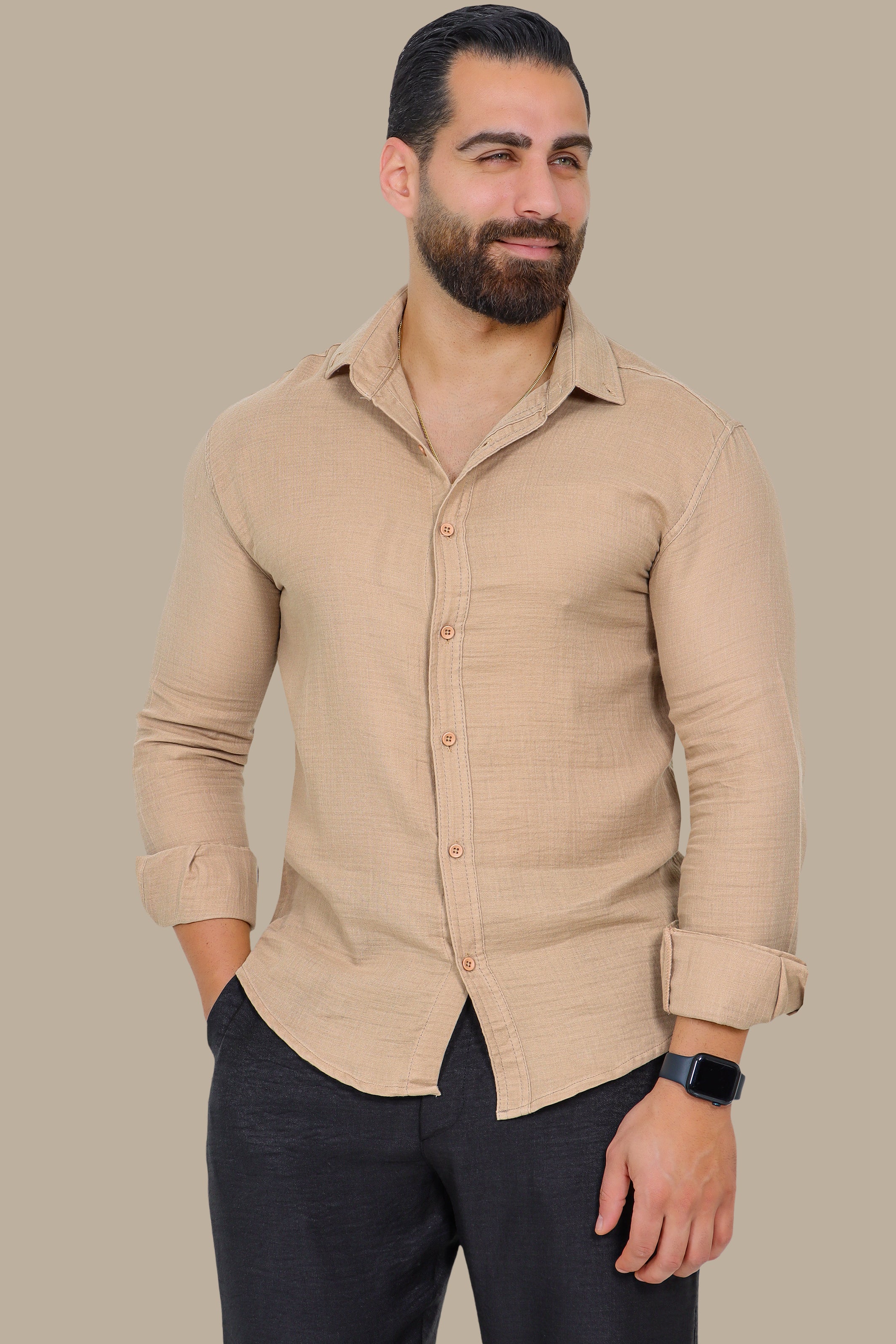 Timeless Ease: Long-Sleeve Linen Button-Down Shirt in Beige