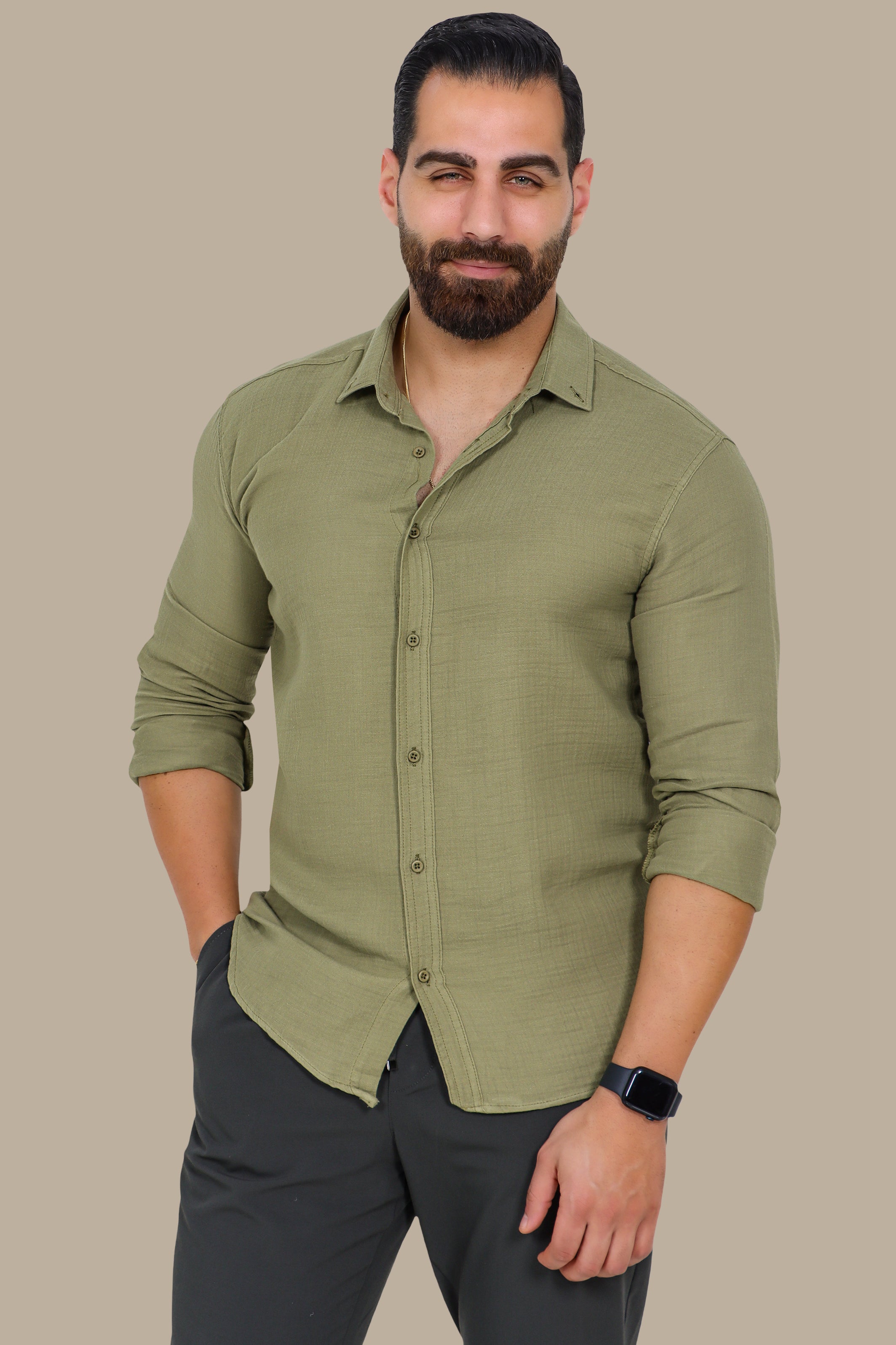 Timeless Ease: Long-Sleeve Linen Button-Down Shirt in Khaki