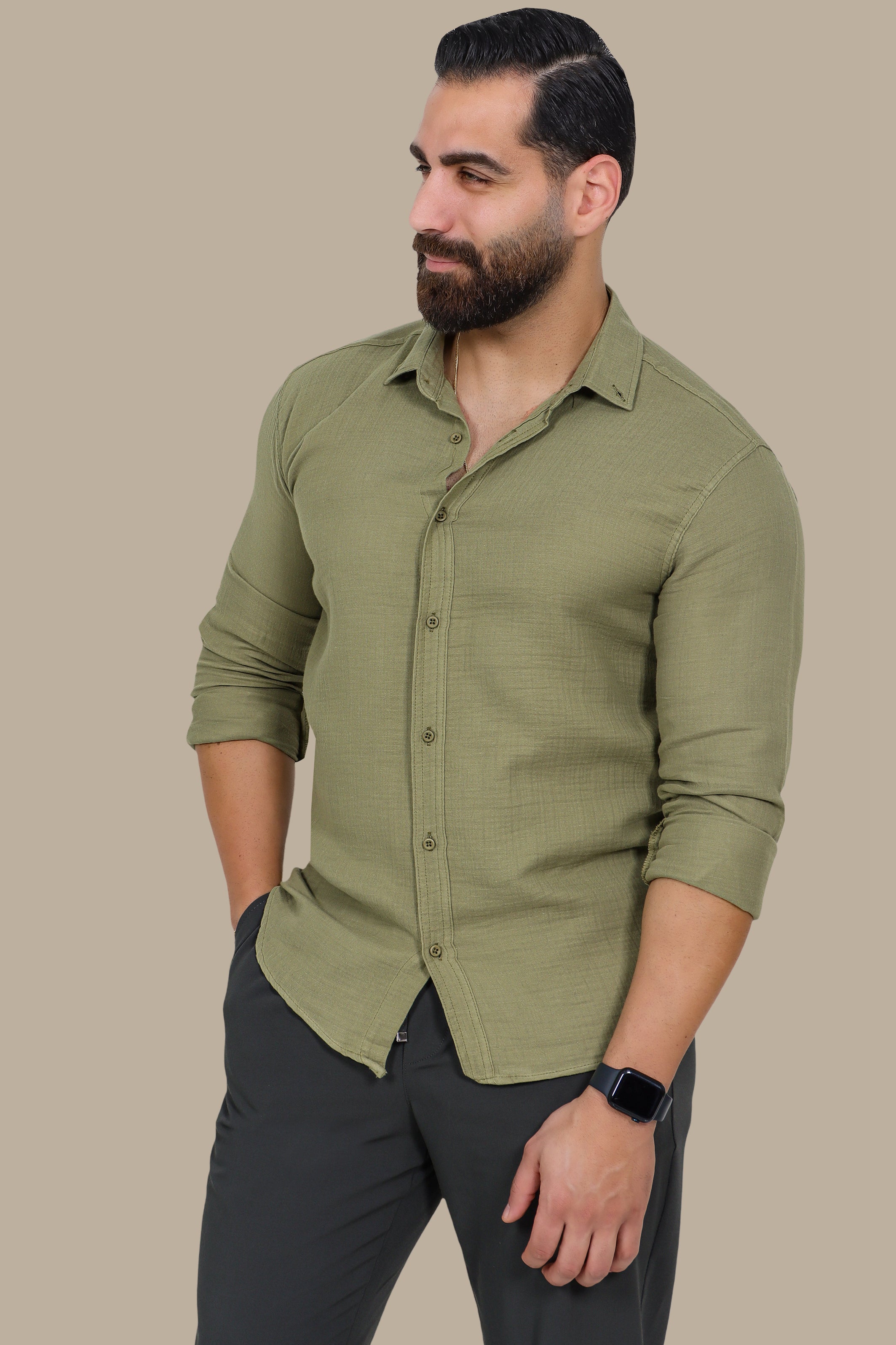 Timeless Ease: Long-Sleeve Linen Button-Down Shirt in Khaki