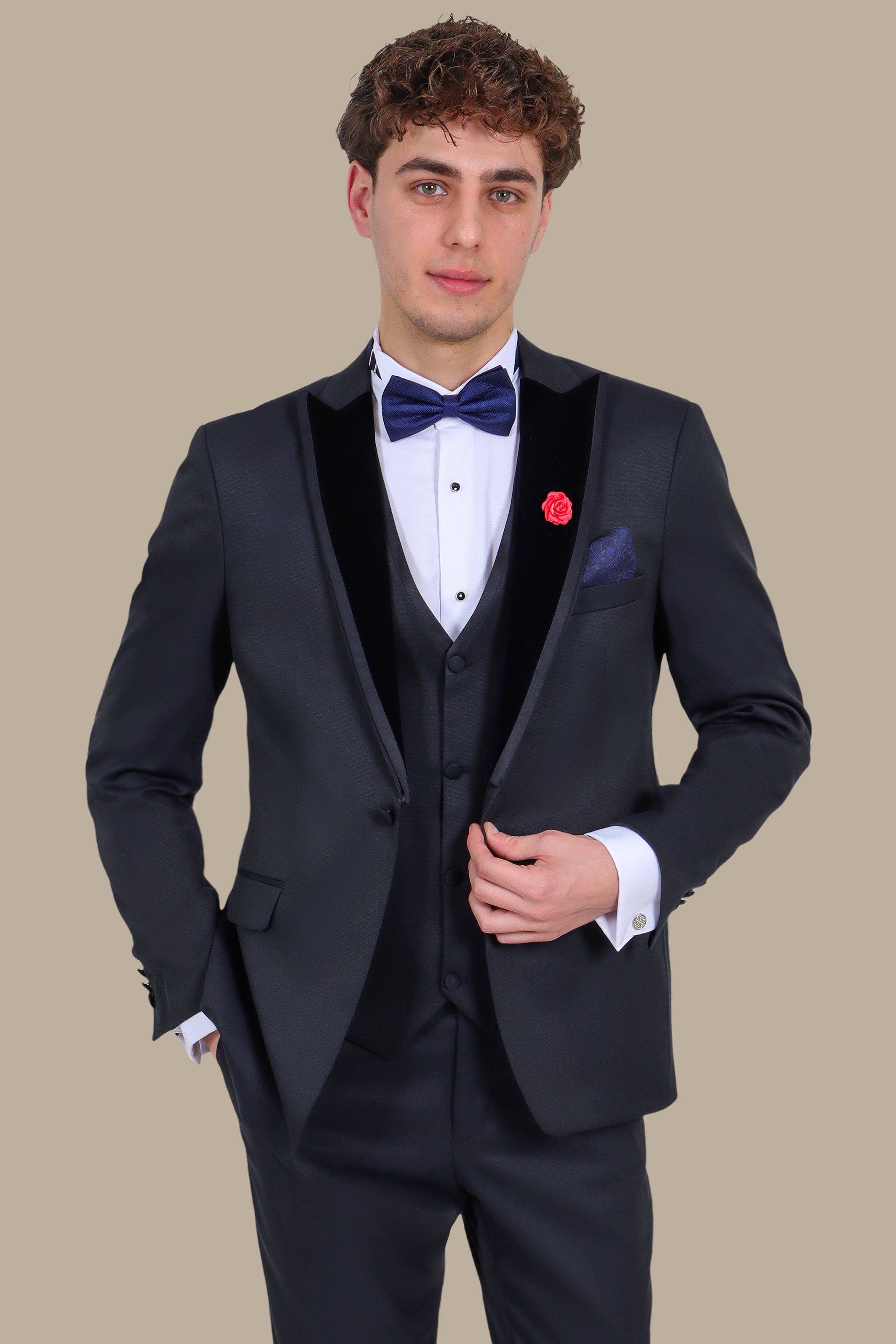 3 Pieces Tuxedo Diamond Pattern Velvet Peak Lapel Navy