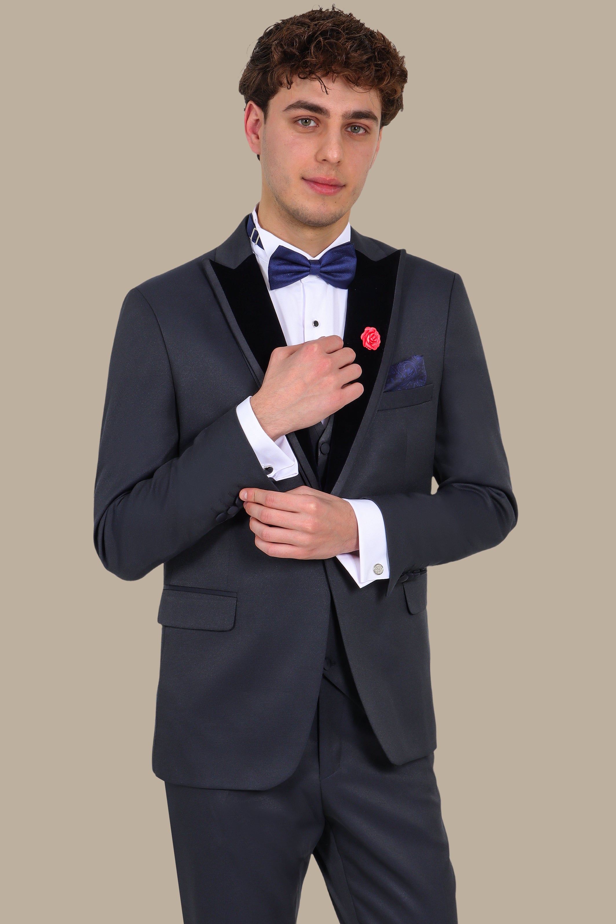 3 Pieces Tuxedo Diamond Pattern Velvet Peak Lapel Navy