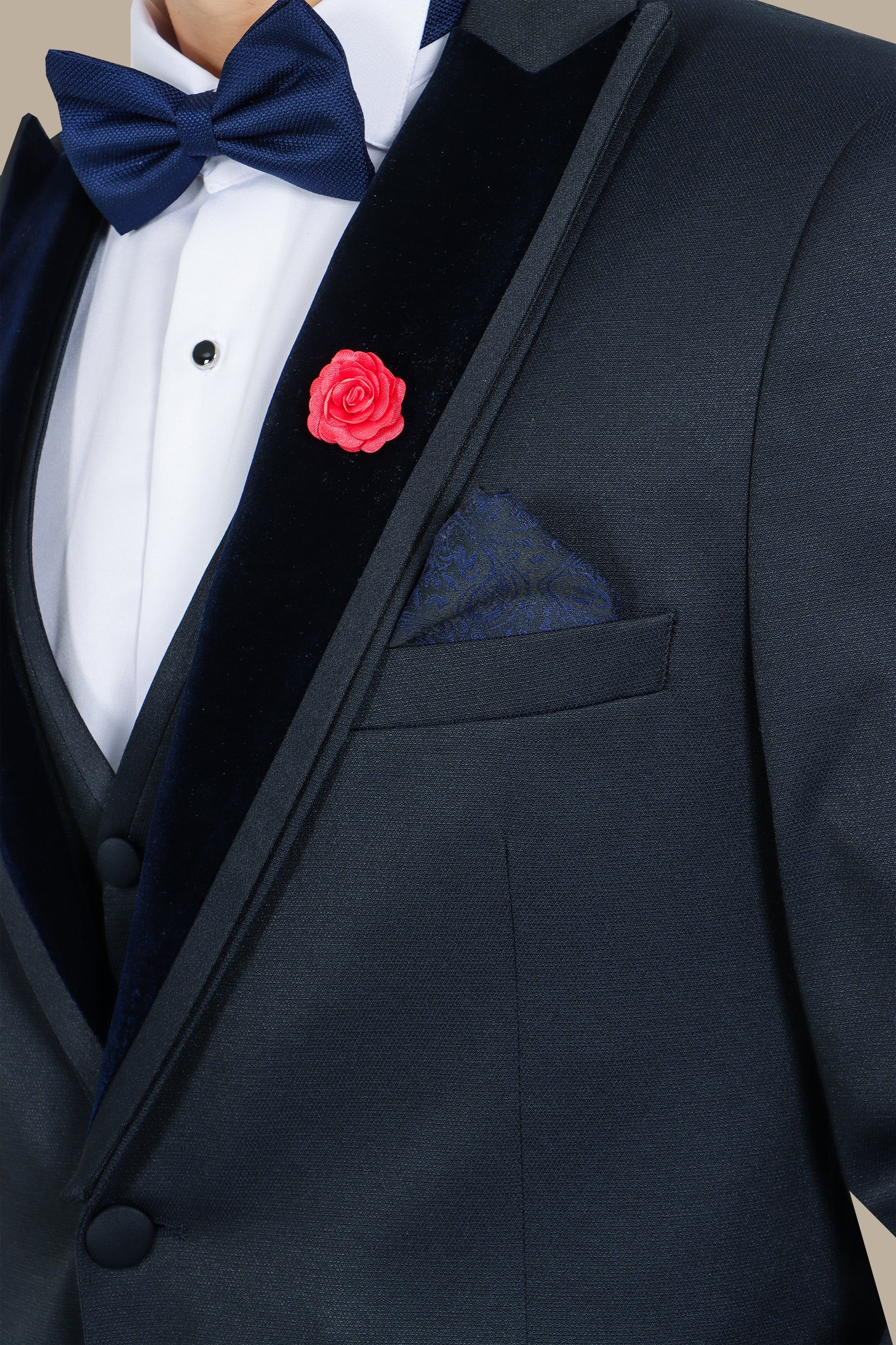 3 Pieces Tuxedo Diamond Pattern Velvet Peak Lapel Navy