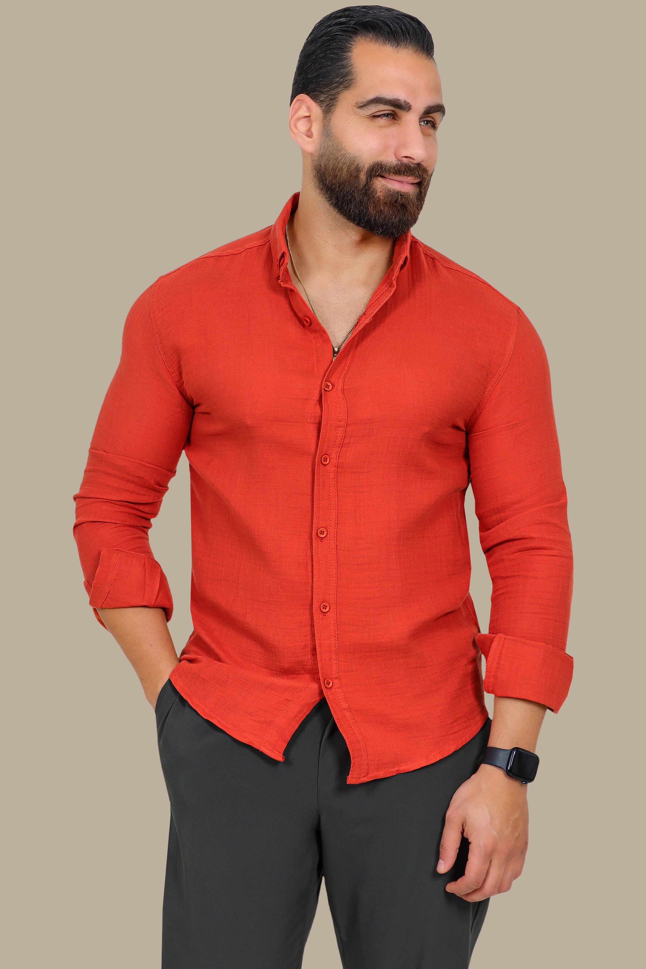 Timeless Ease: Long-Sleeve Linen Button-Down Shirt in Brick