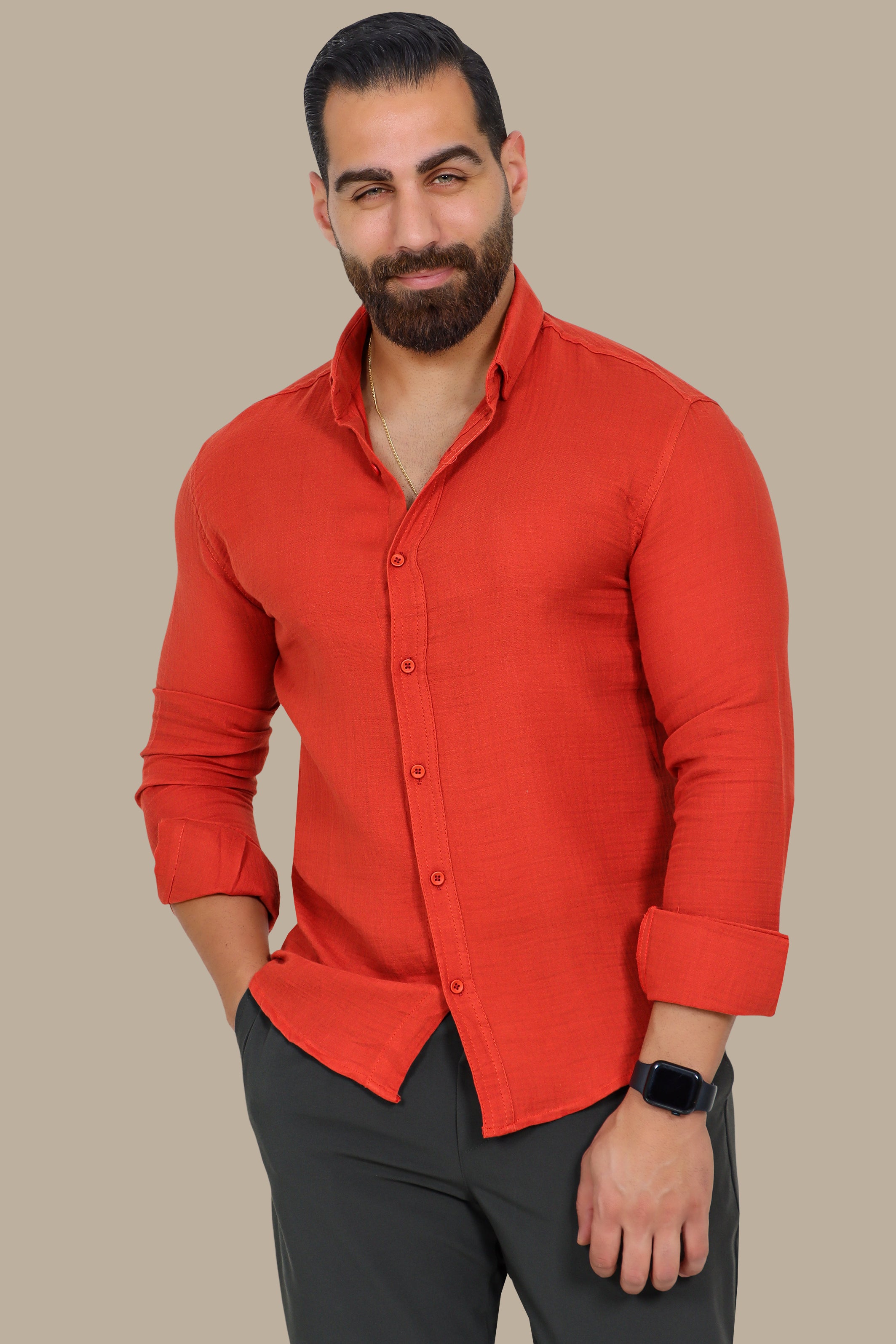 Timeless Ease: Long-Sleeve Linen Button-Down Shirt in Brick