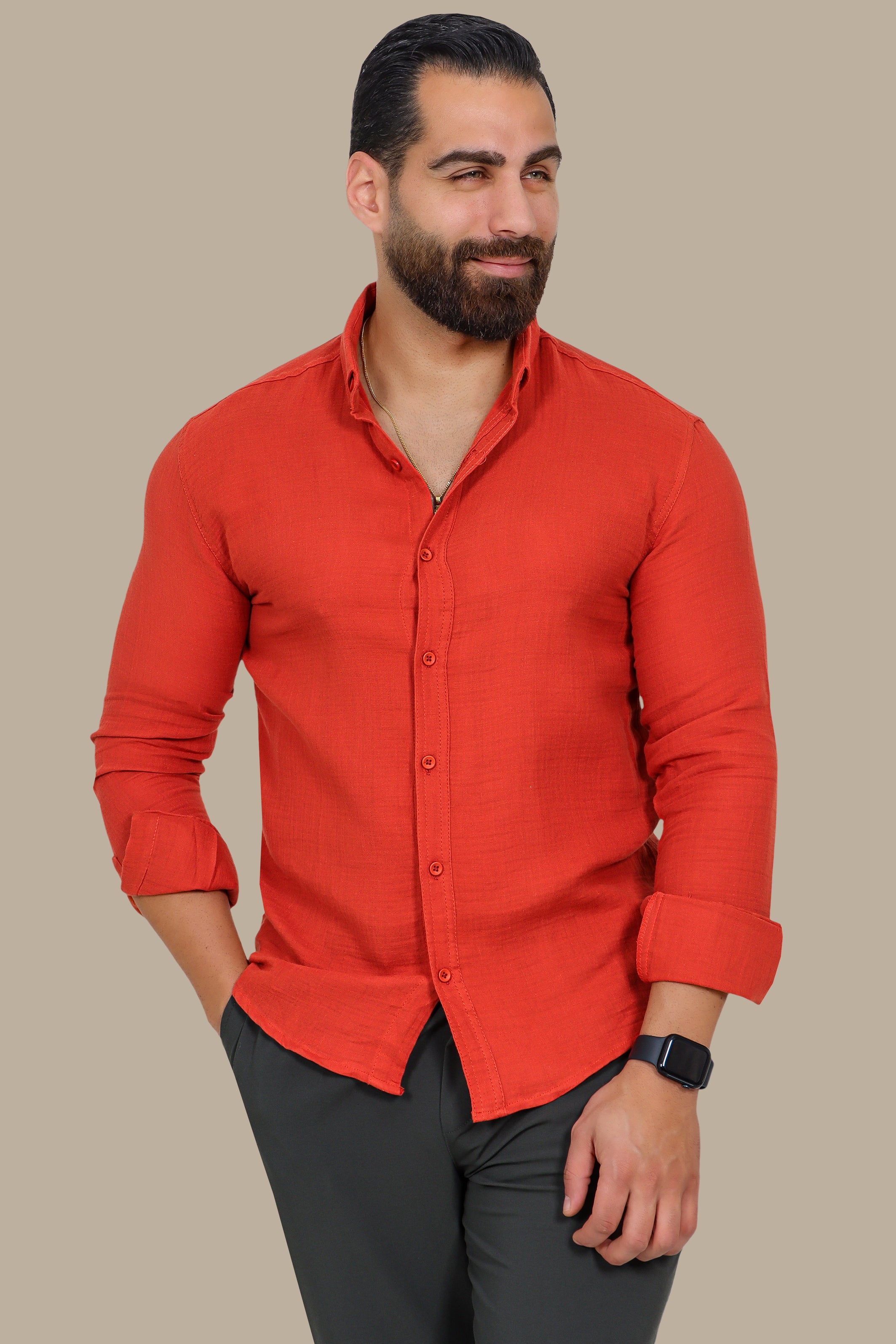Timeless Ease: Long-Sleeve Linen Button-Down Shirt in Brick