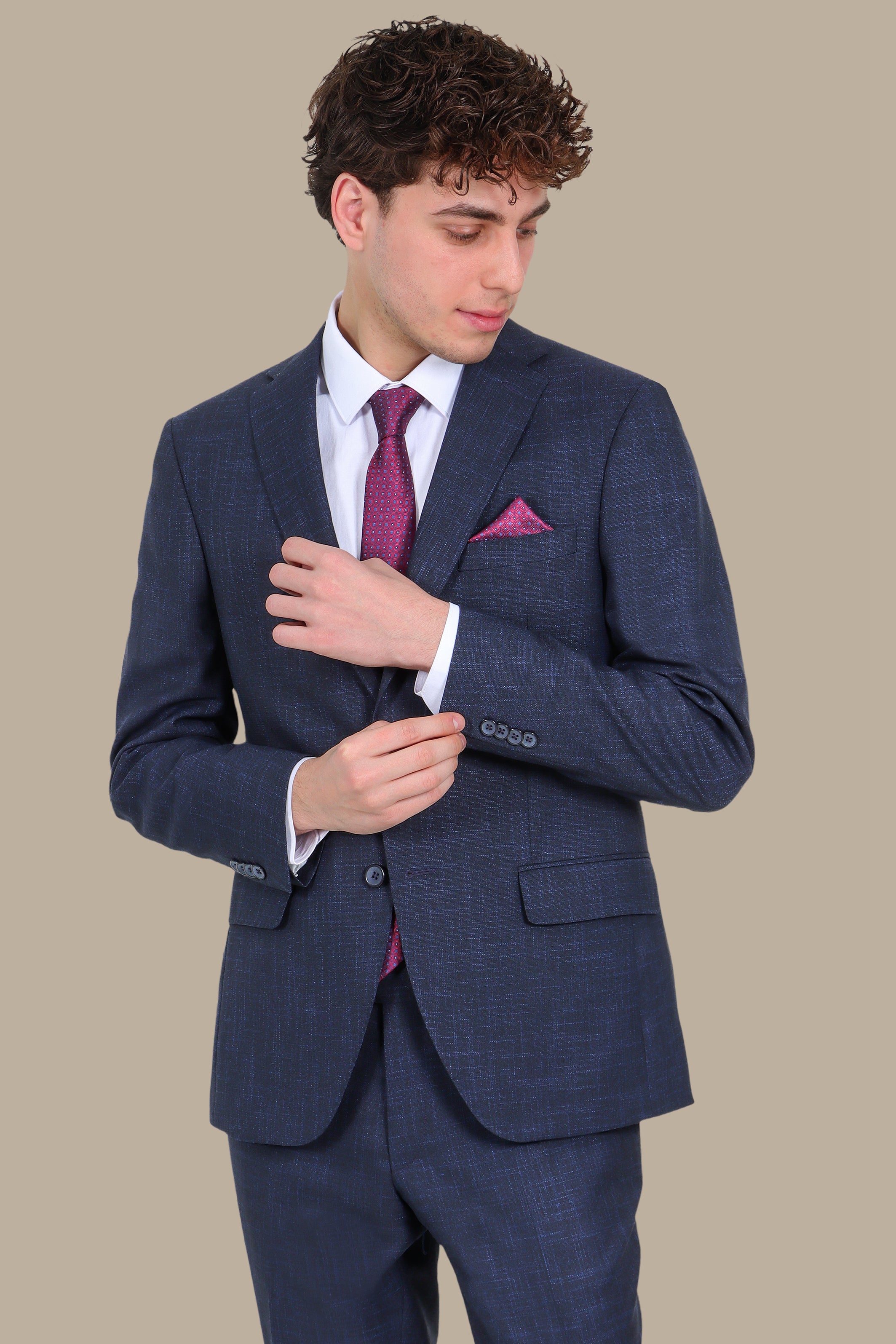 Fil A Fil Suit Notch Lapel 2 Pieces Dark Navy