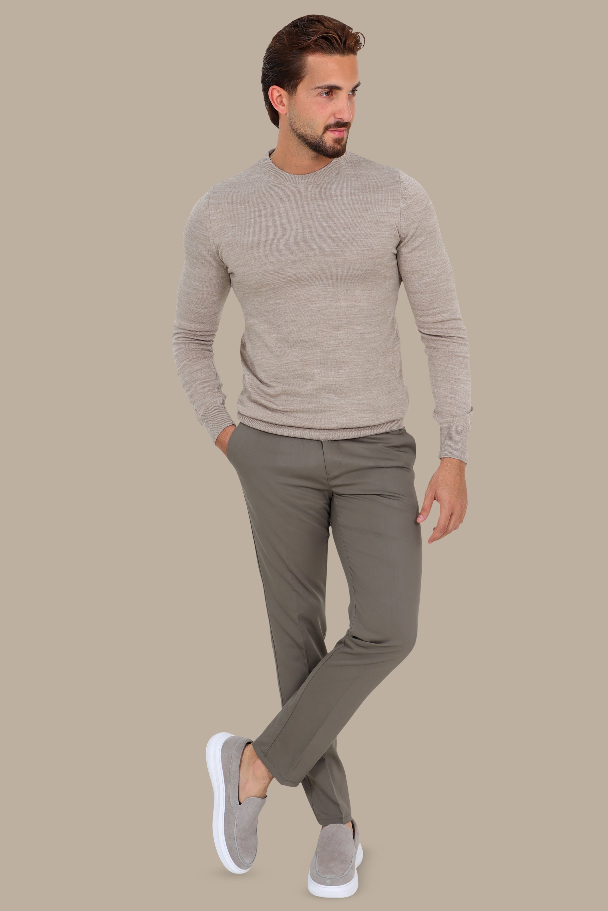 Sweater Basic Round Neck Light Brown