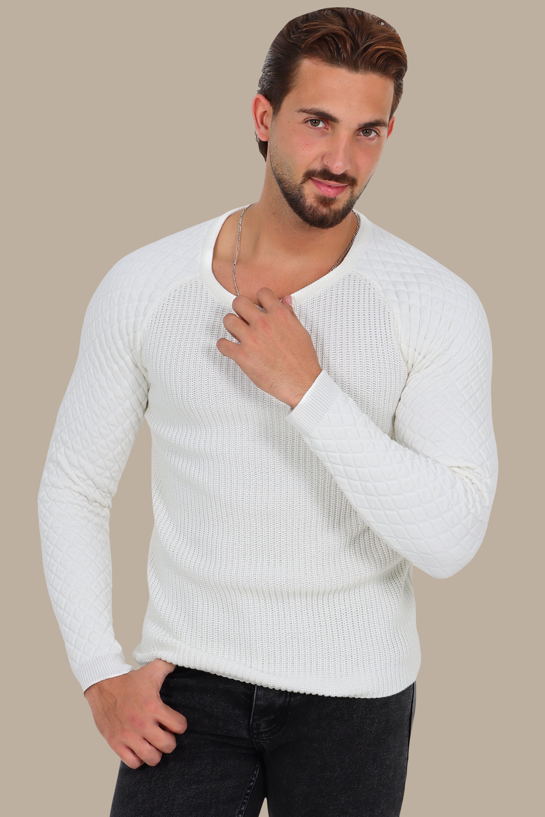 White Mercerized Sweater with Lozenge Shoulder Pattern