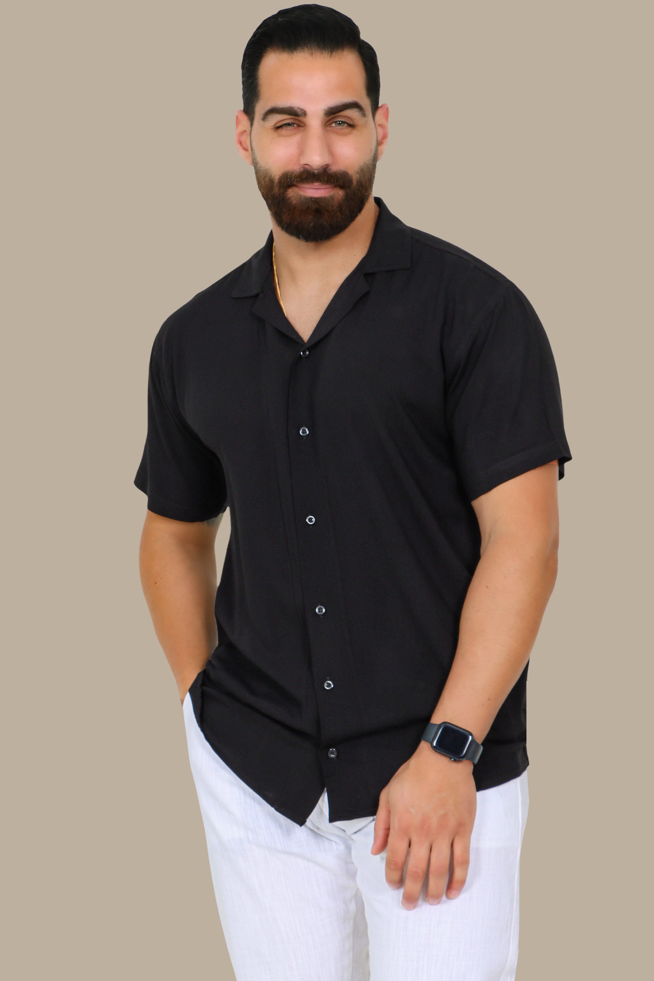 Effortless Comfort: Short-Sleeve Linen Aerobin Shirt in Black