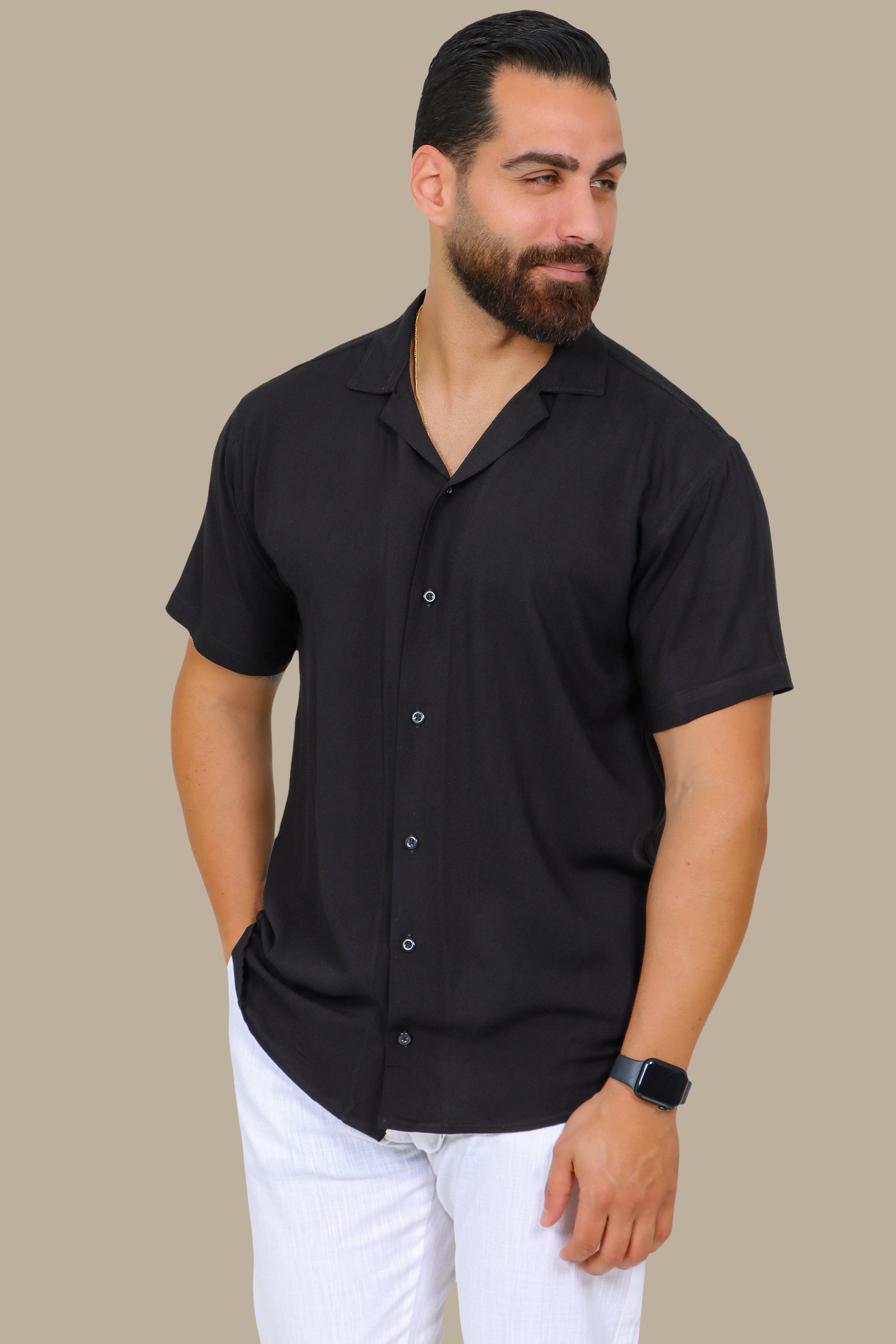Effortless Comfort: Short-Sleeve Linen Aerobin Shirt in Black