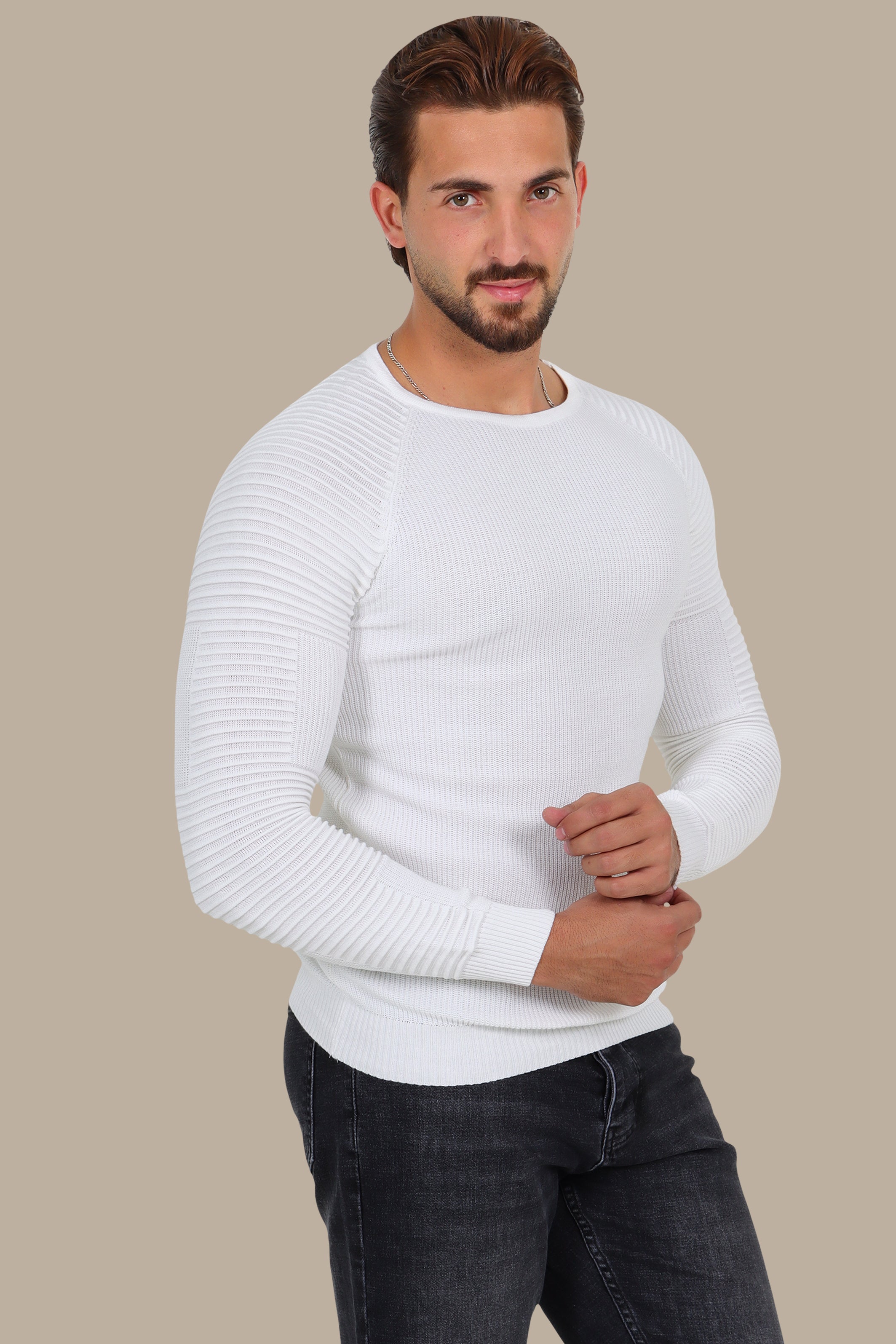 Mercerized Sweater Ribbed Shoulder White