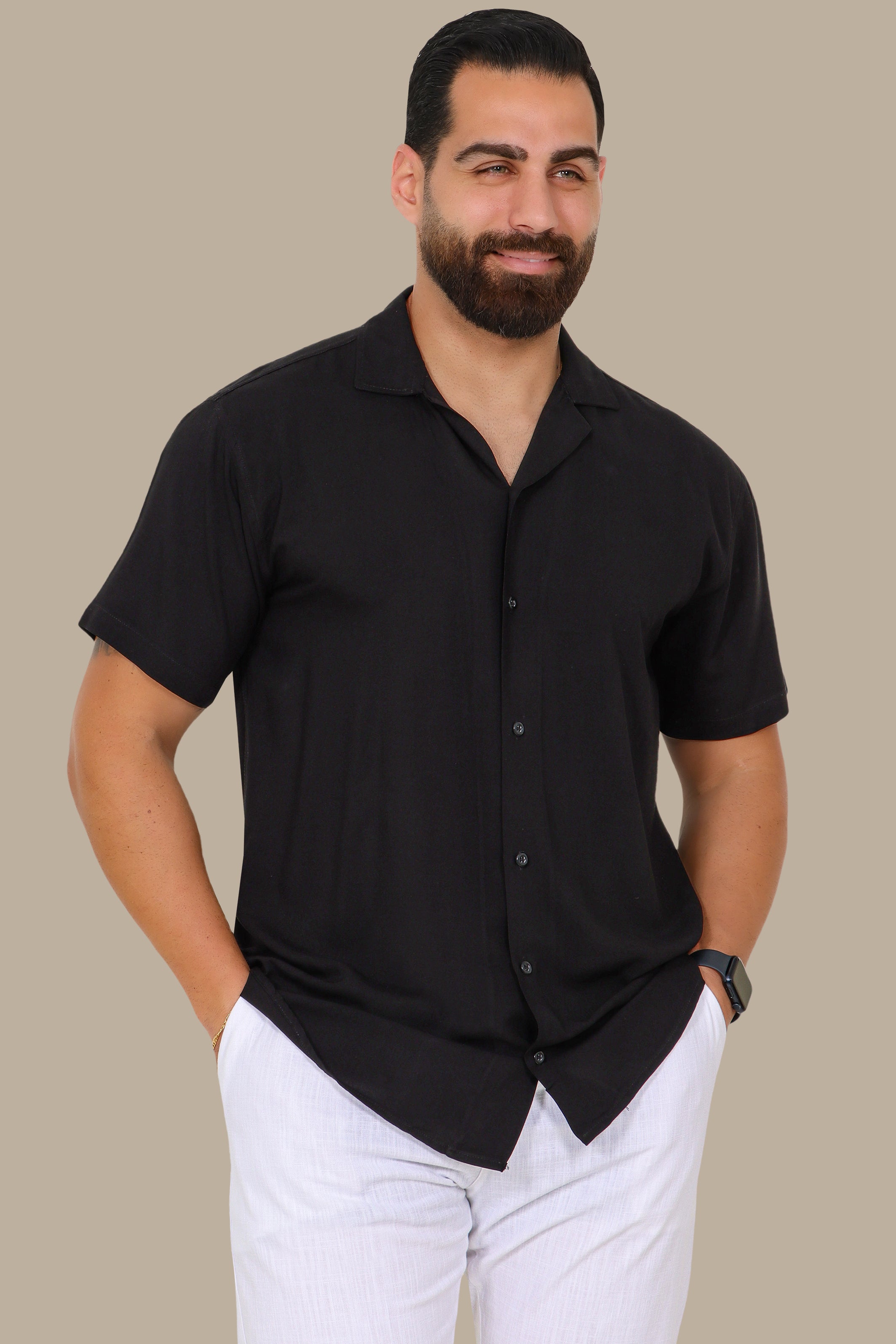 Effortless Comfort: Short-Sleeve Linen Aerobin Shirt in Black