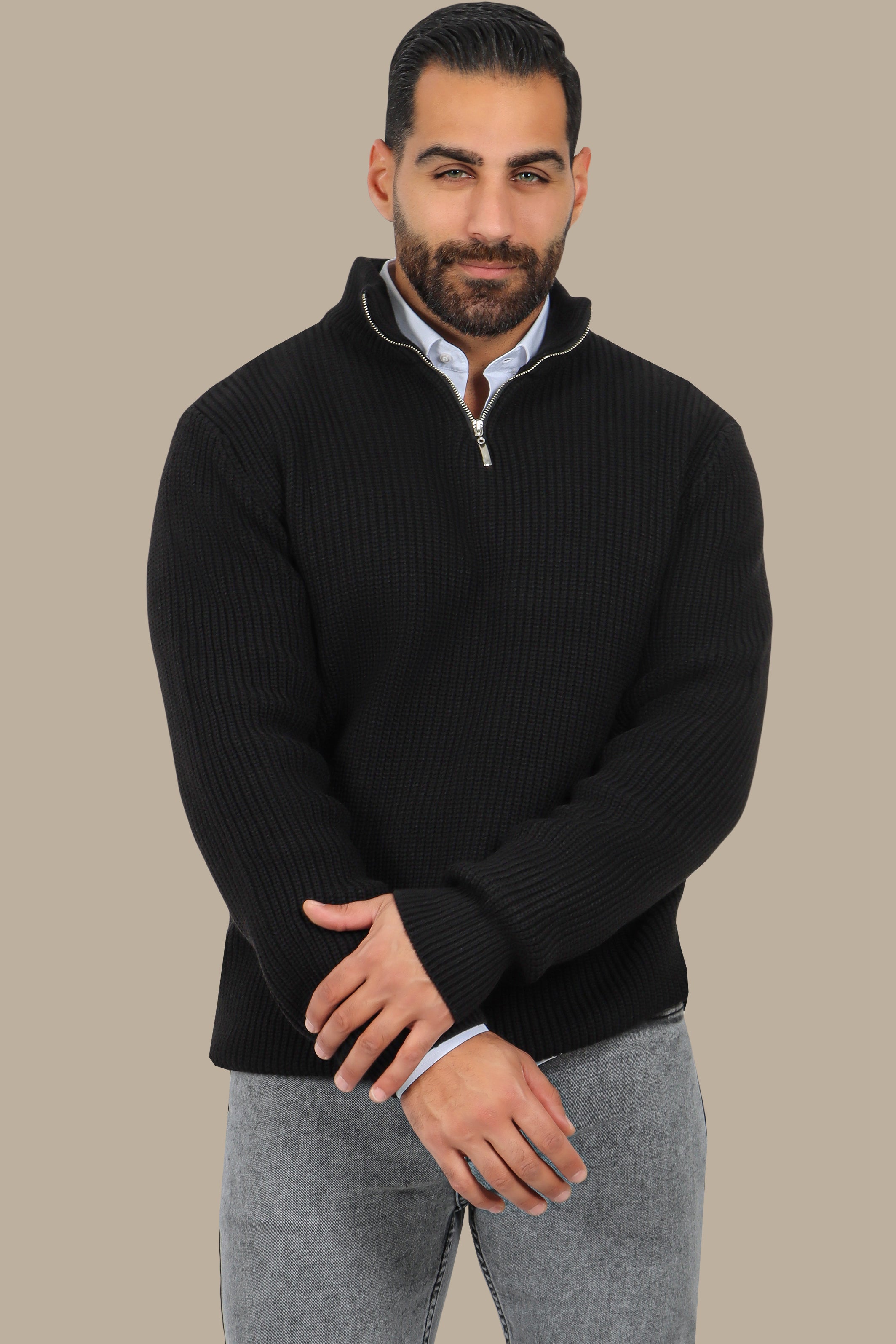 Modern Essential: Black Mercerized Half-Zipper Sweater