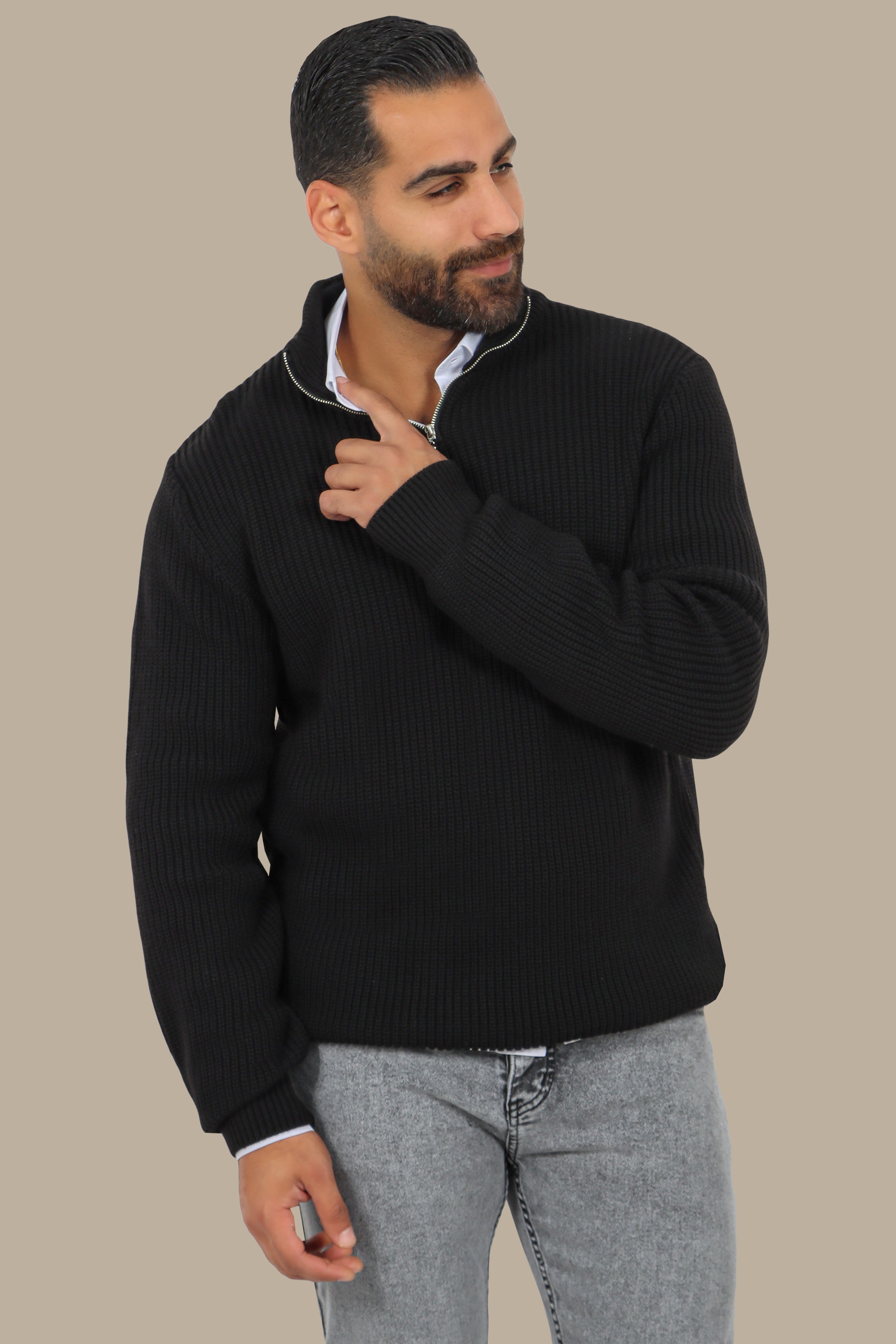 Modern Essential: Black Mercerized Half-Zipper Sweater