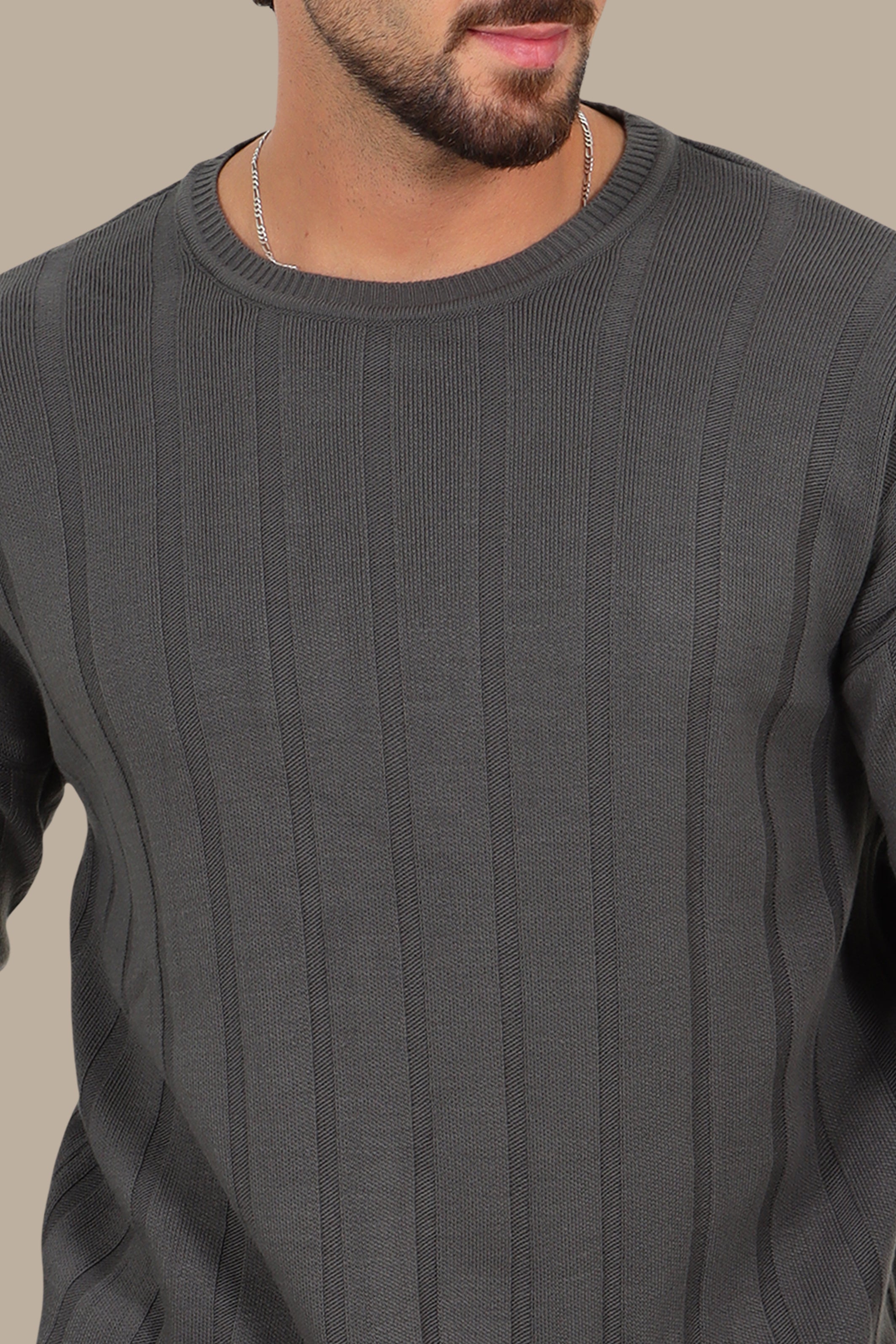 Round Neck Sweater Wide Ribbed Destroyed Khaki