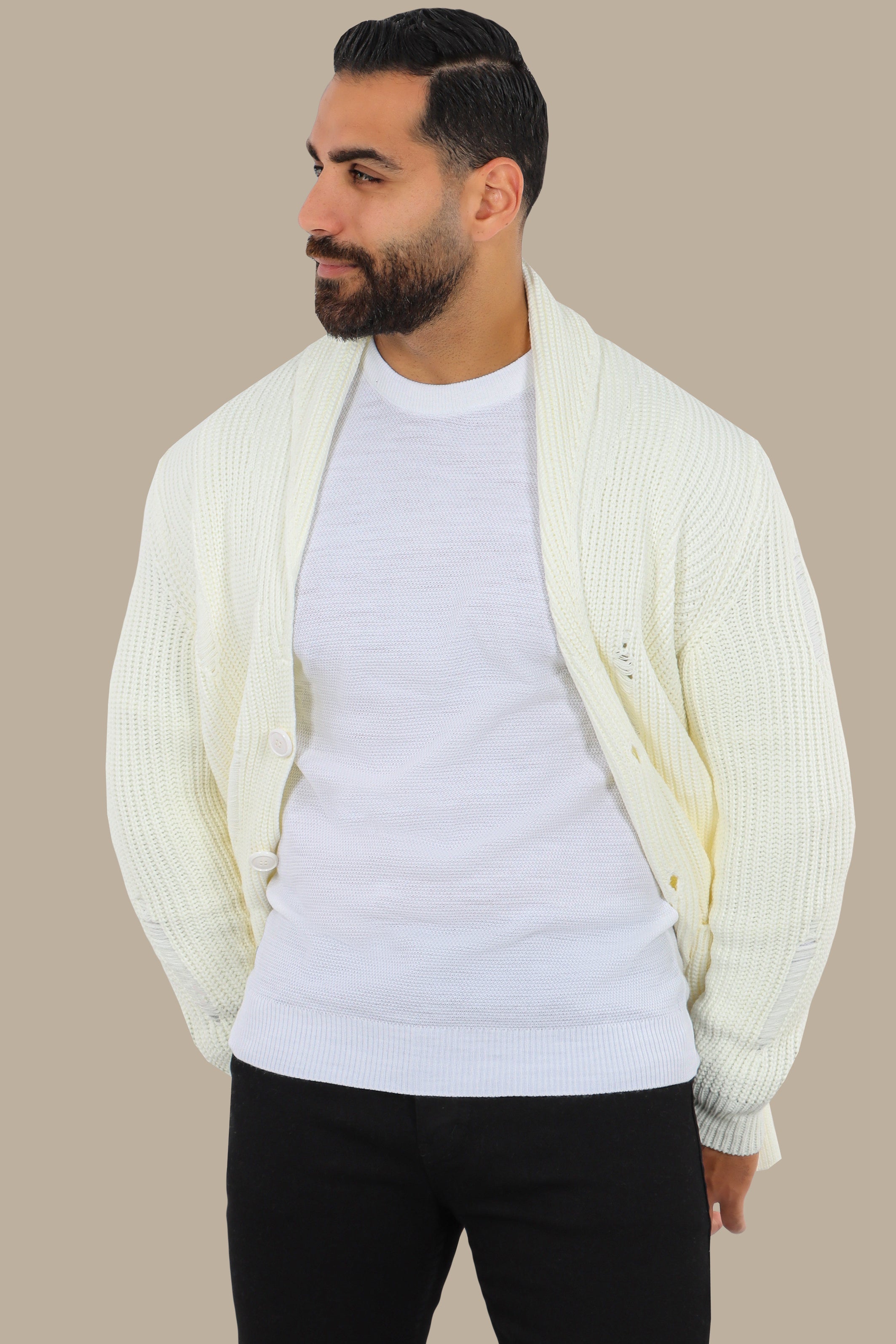 Long White Cardigan with Distressed Collar