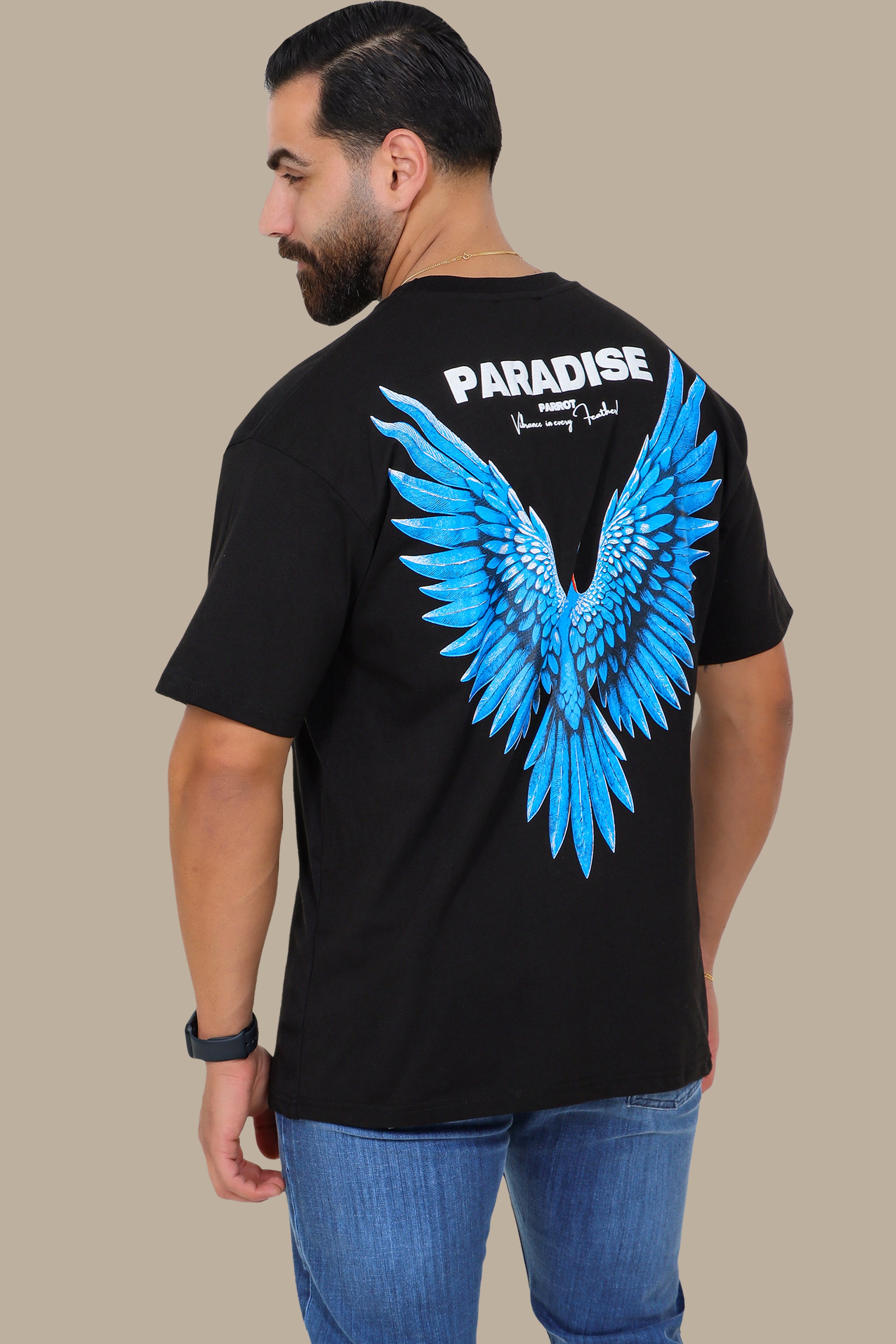 Oversized T-Shirt with Blue Parrot Paradise Print