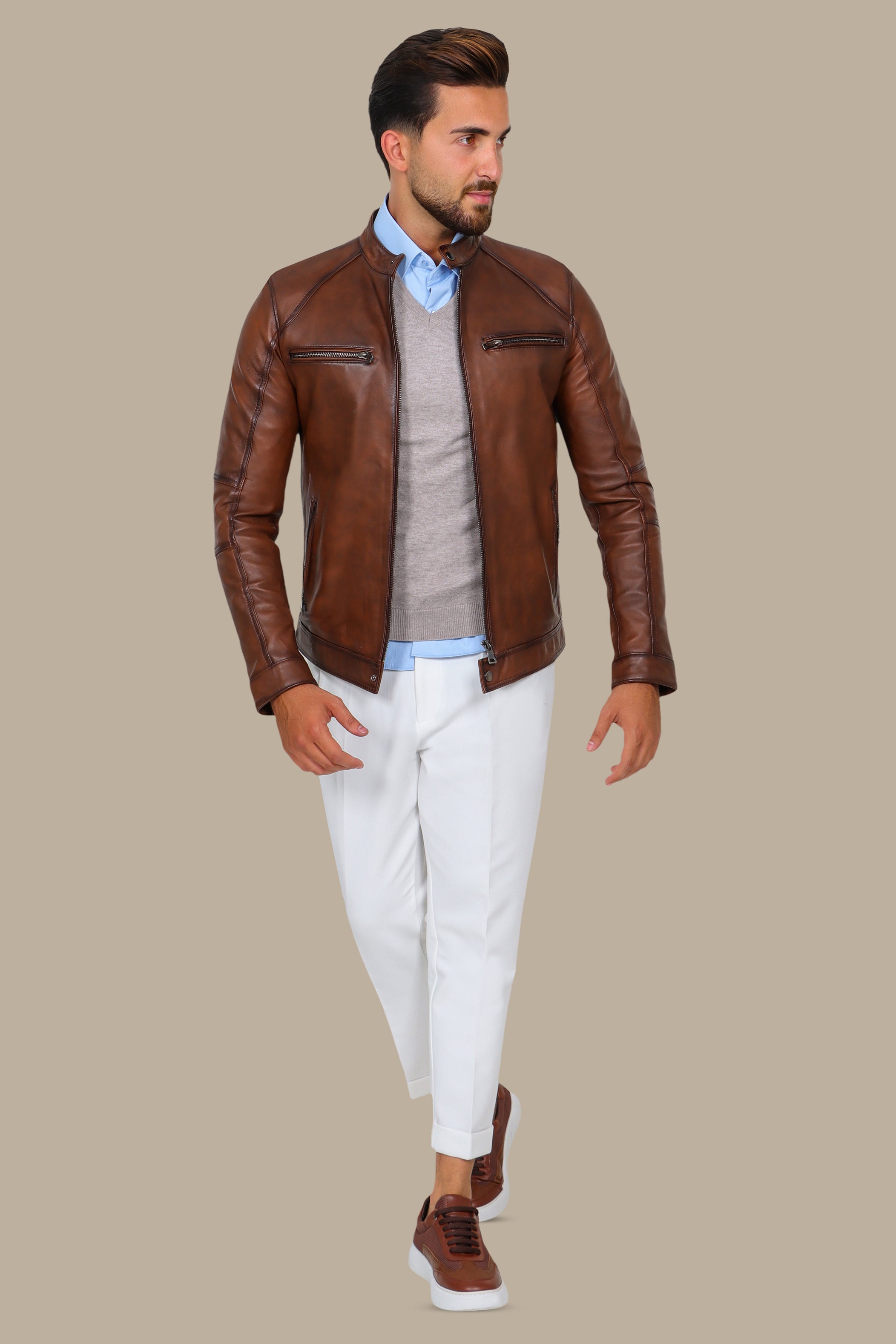 Havane Leather Collar Jacket with Four Zippers