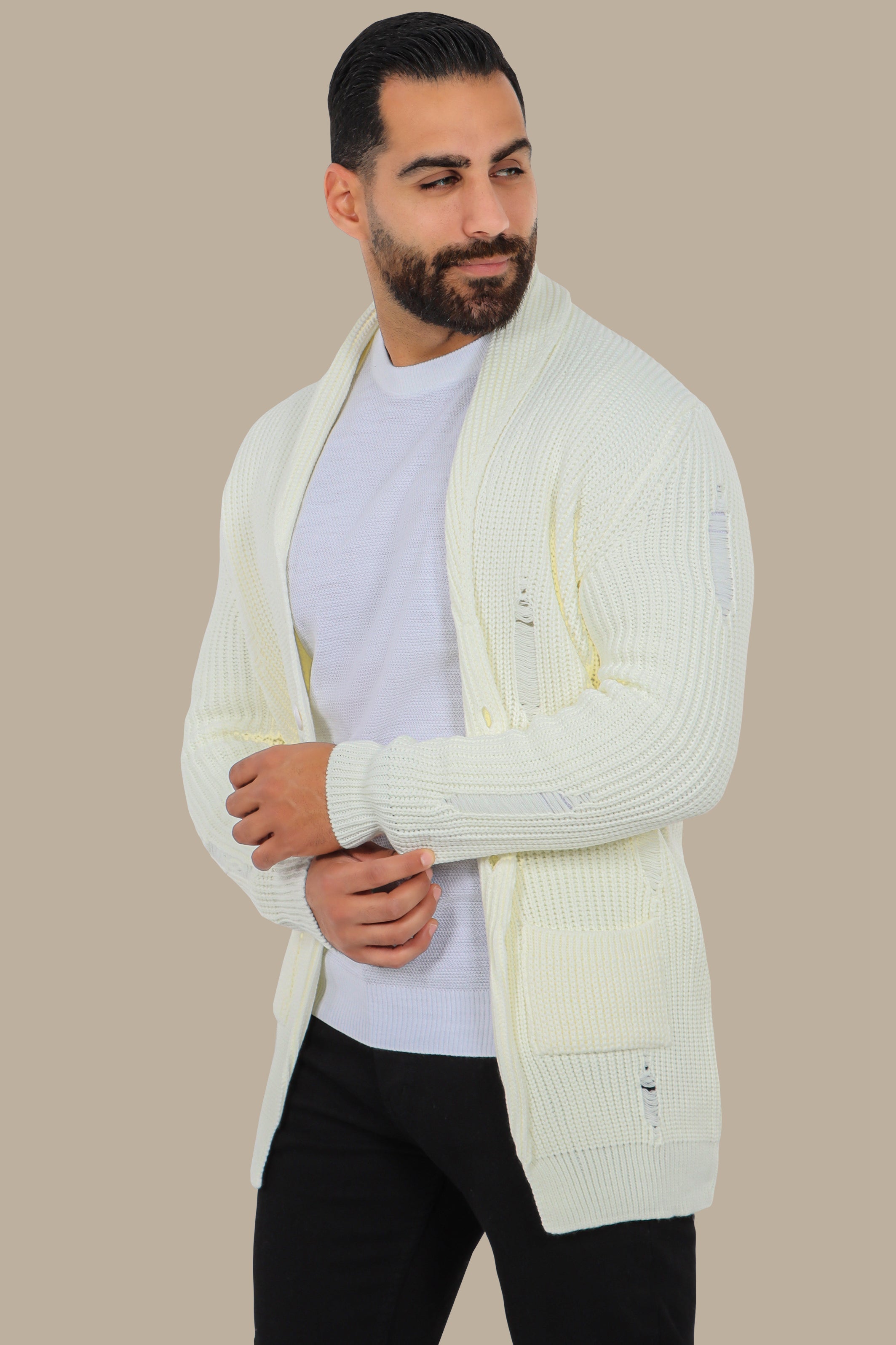Long White Cardigan with Distressed Collar