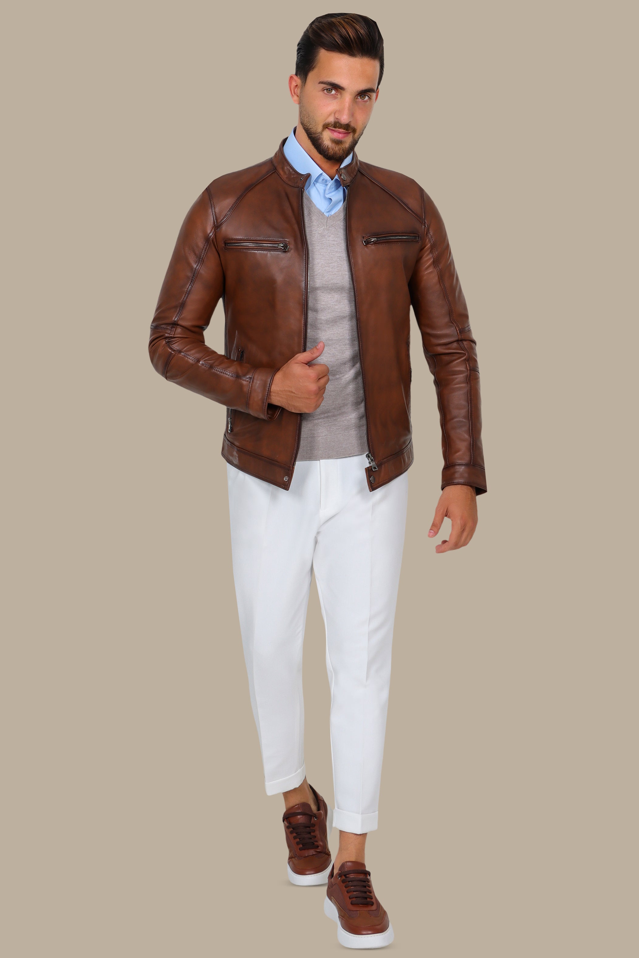 Havane Leather Collar Jacket with Four Zippers