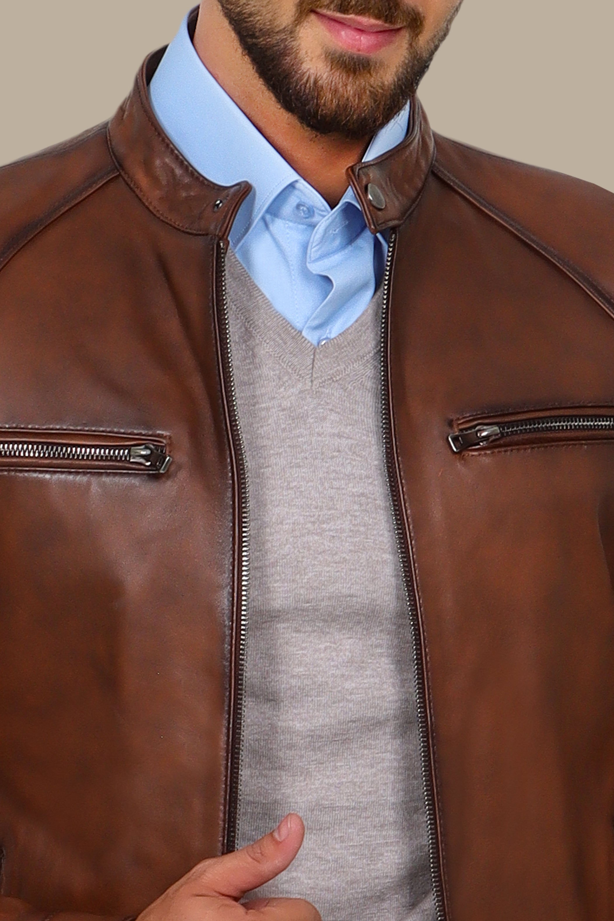 Havane Leather Collar Jacket with Four Zippers