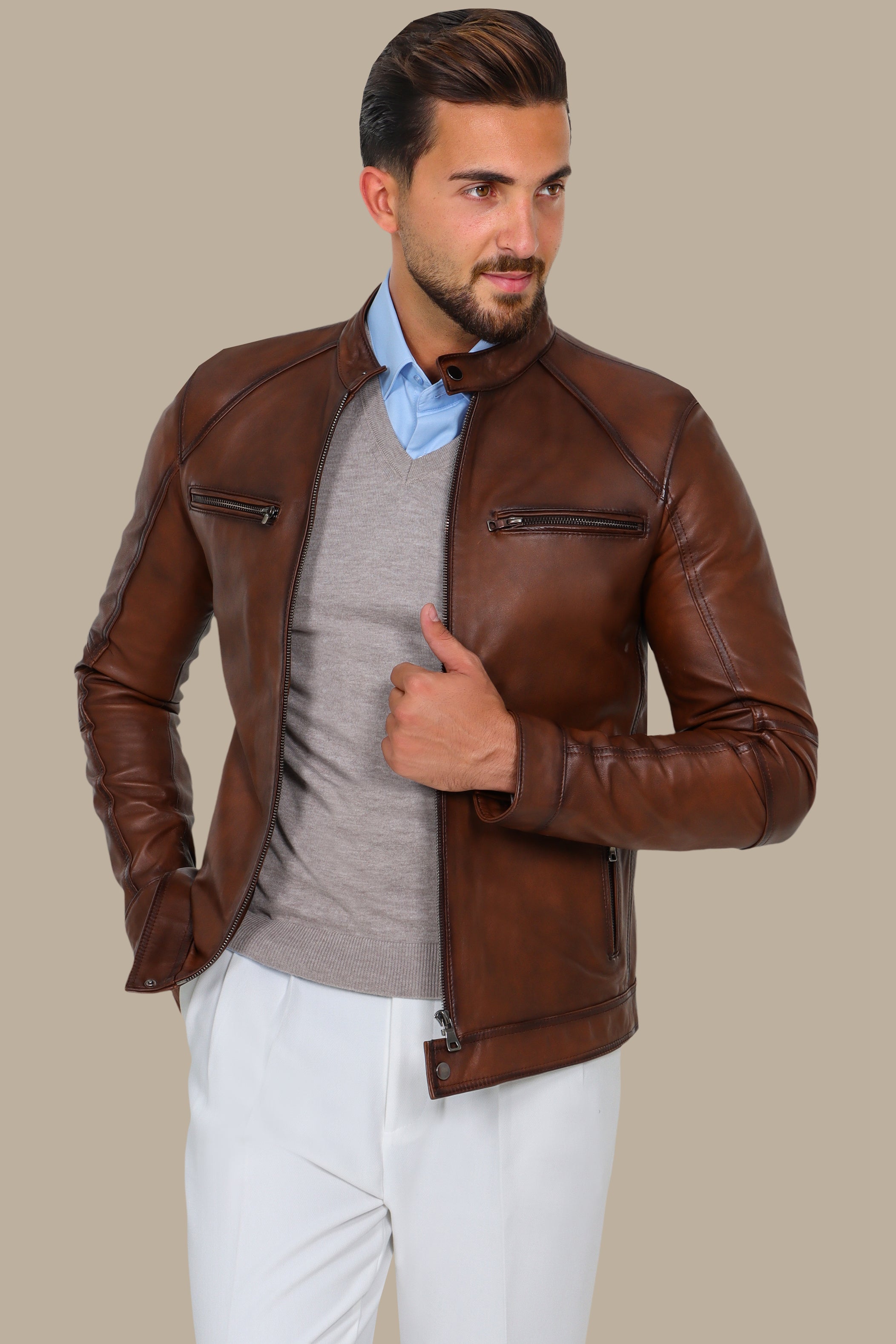 Havane Leather Collar Jacket with Four Zippers
