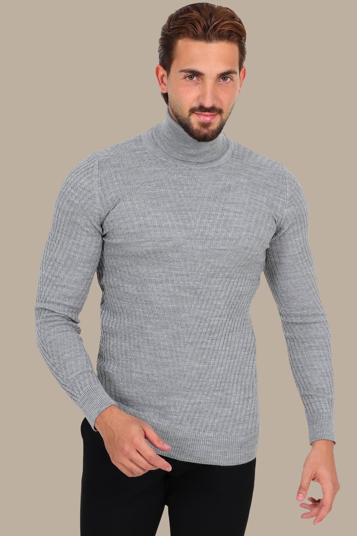 V-Cut Turtleneck Dogtooth Pattern Light Grey