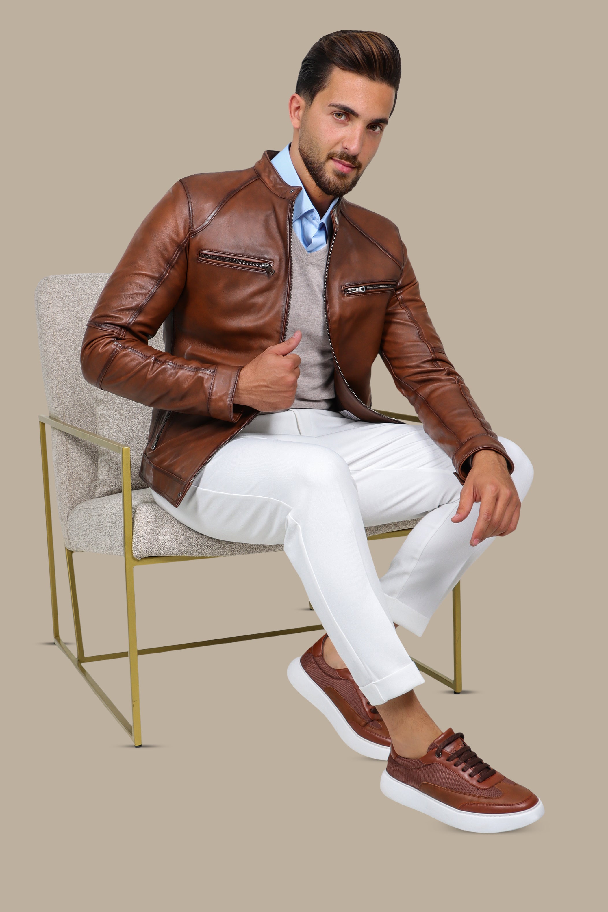 Havane Leather Collar Jacket with Four Zippers
