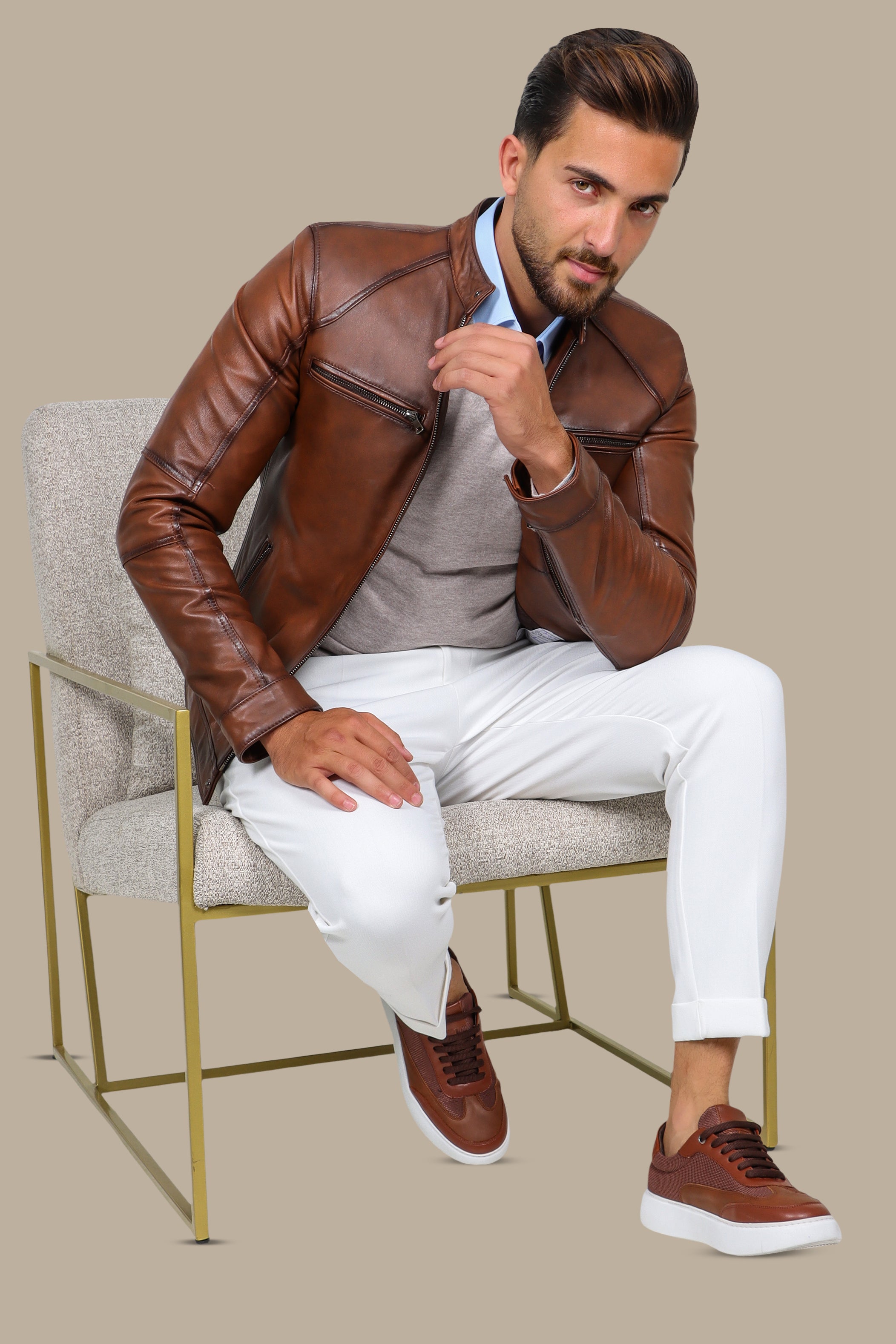 Havane Leather Collar Jacket with Four Zippers