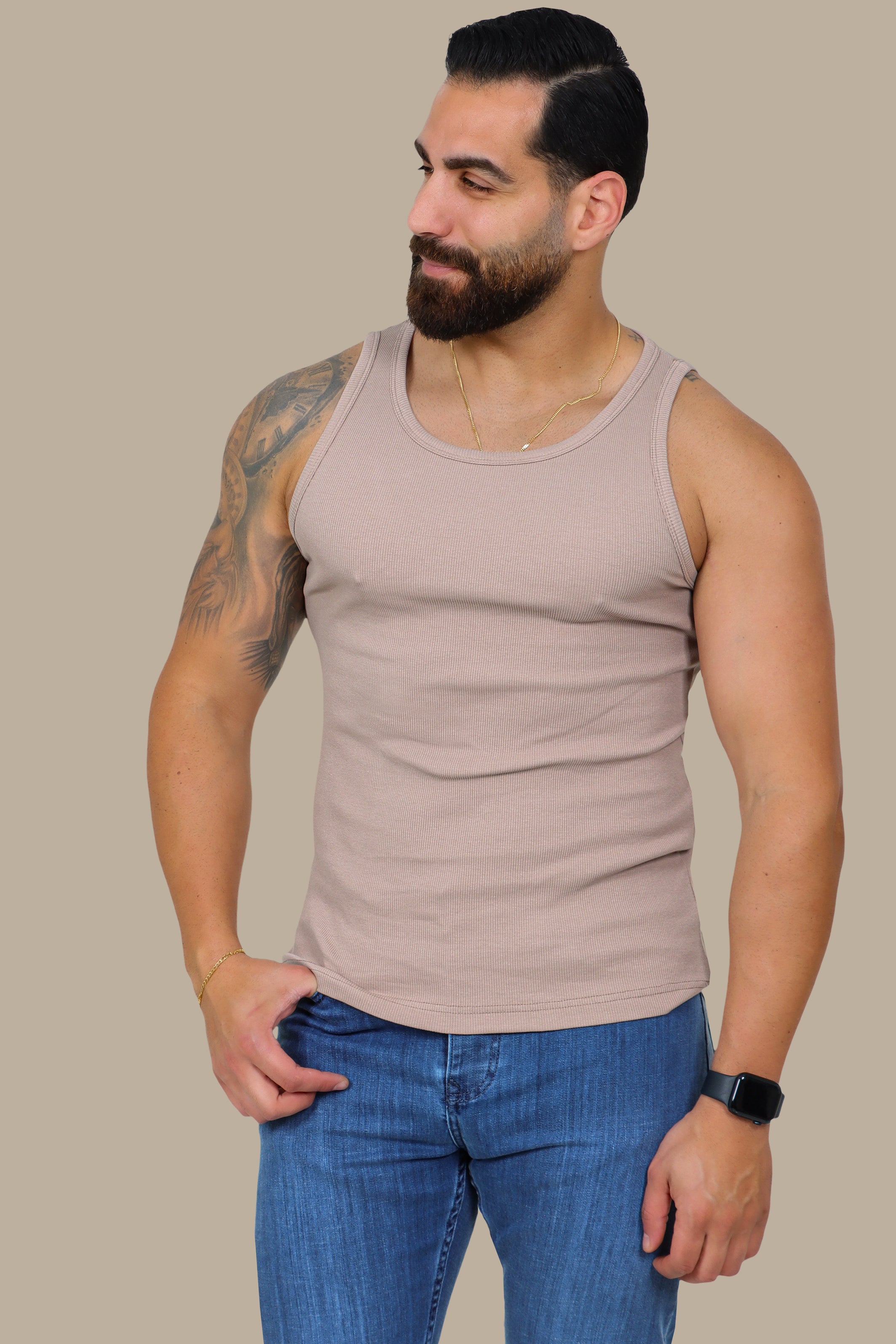 Beige Ribbed Basic I-Shirt