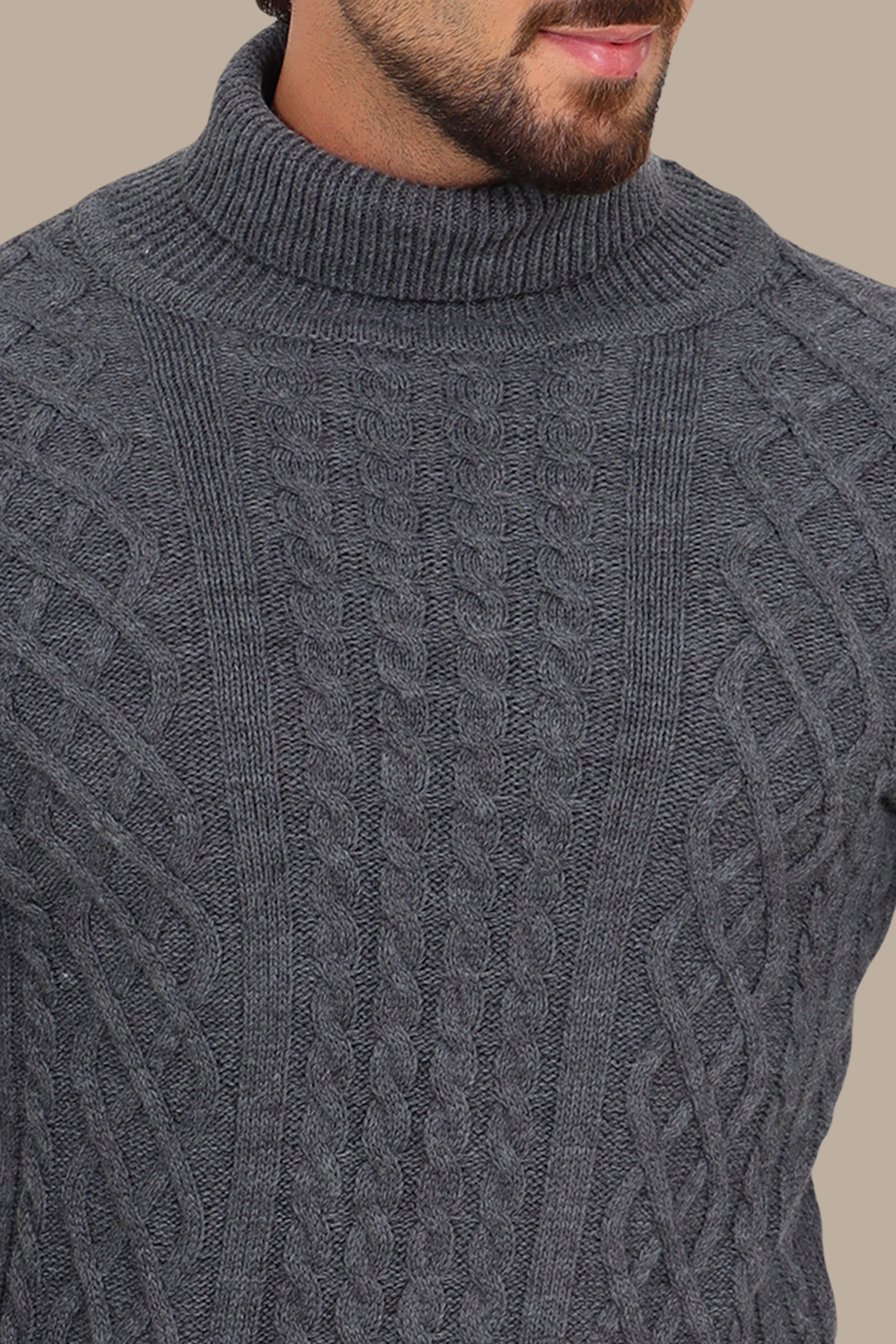 Turtleneck Sweater Thick Braided Design Grey