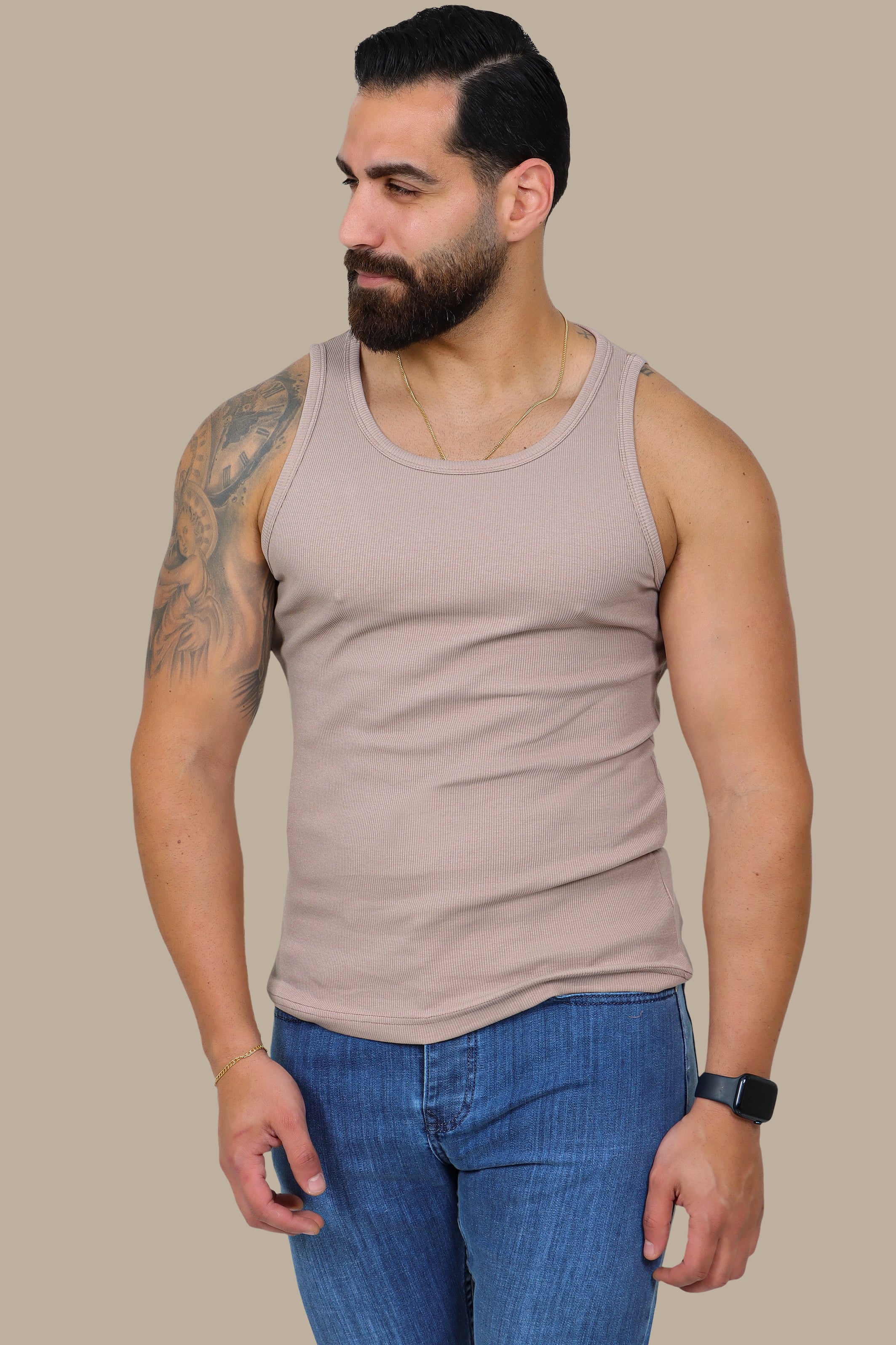 Beige Ribbed Basic I-Shirt