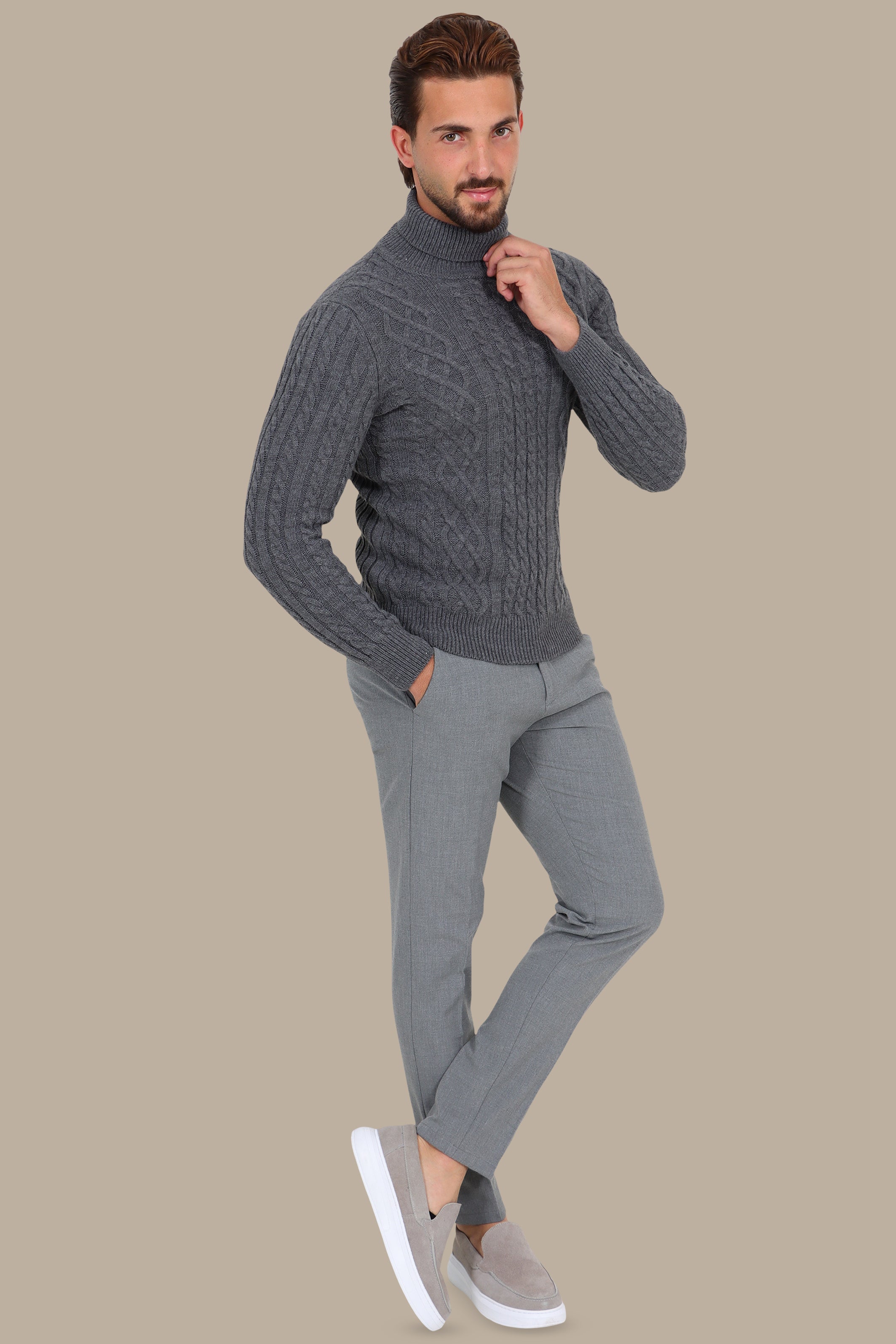 Turtleneck Sweater Thick Braided Design Grey