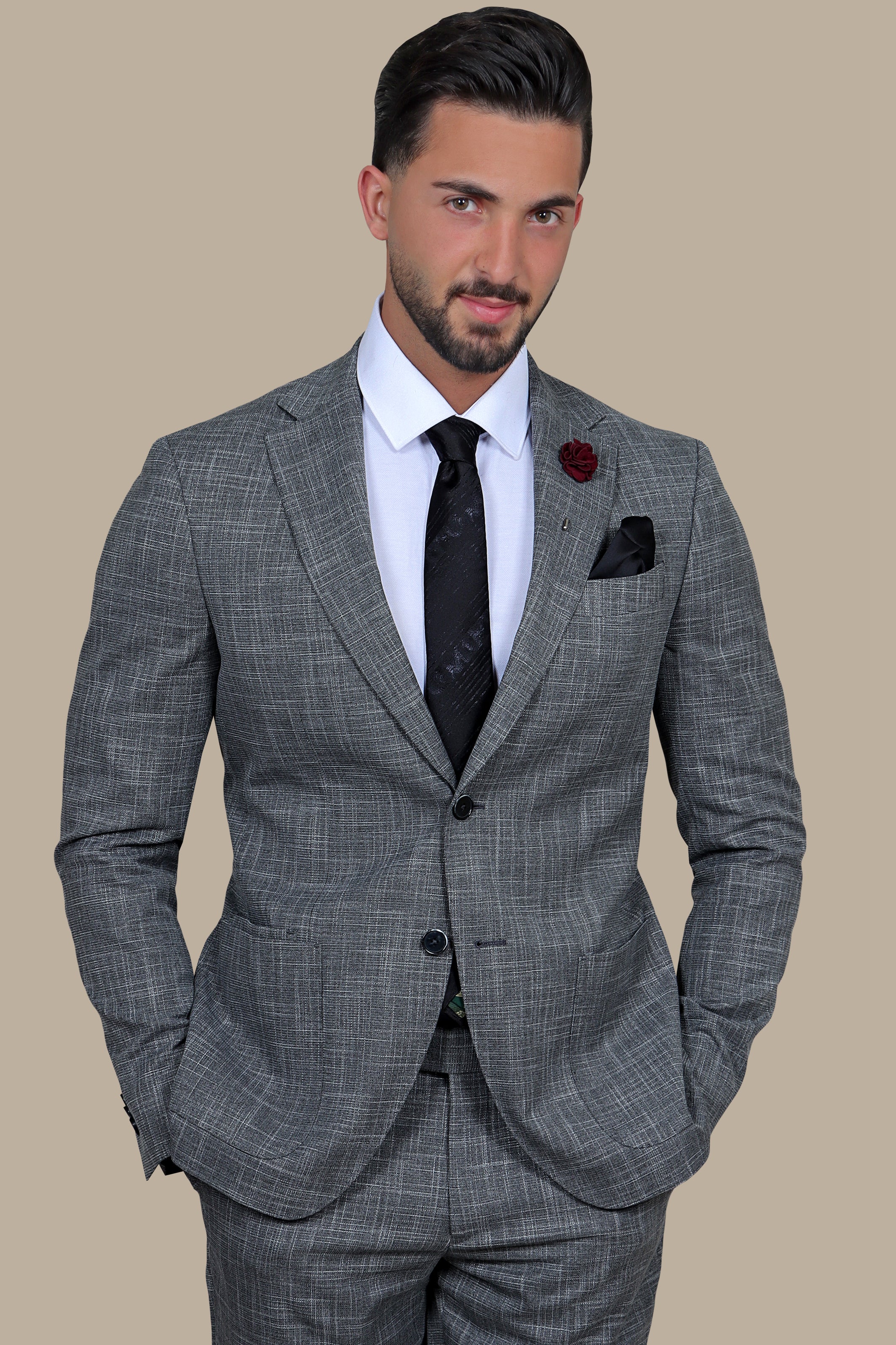 Grey Slim Fit Suit with Down Notch Patch Pockets
