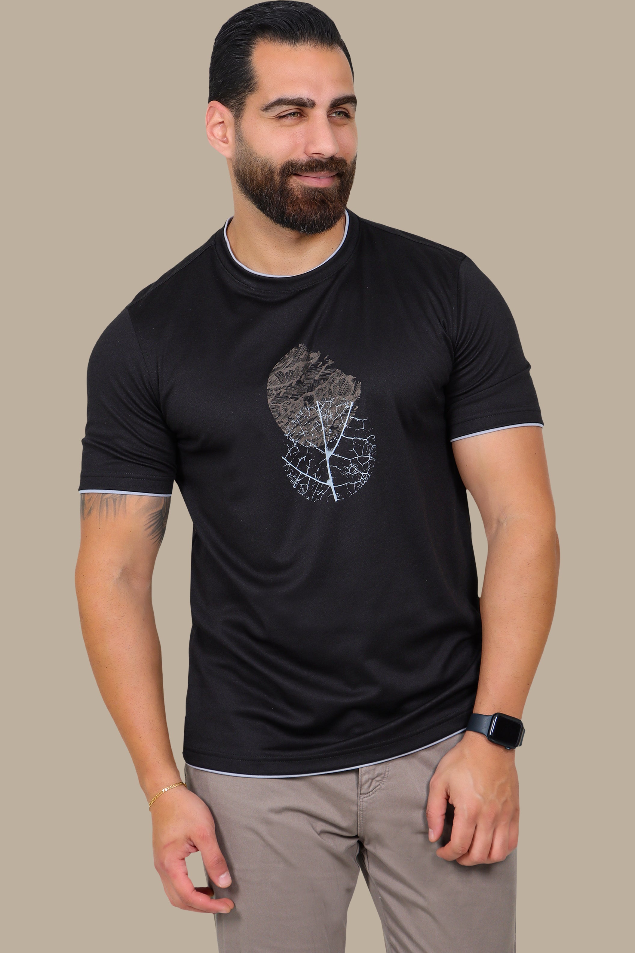 Bold Circle: Double Collar Printed T-Shirt in Black
