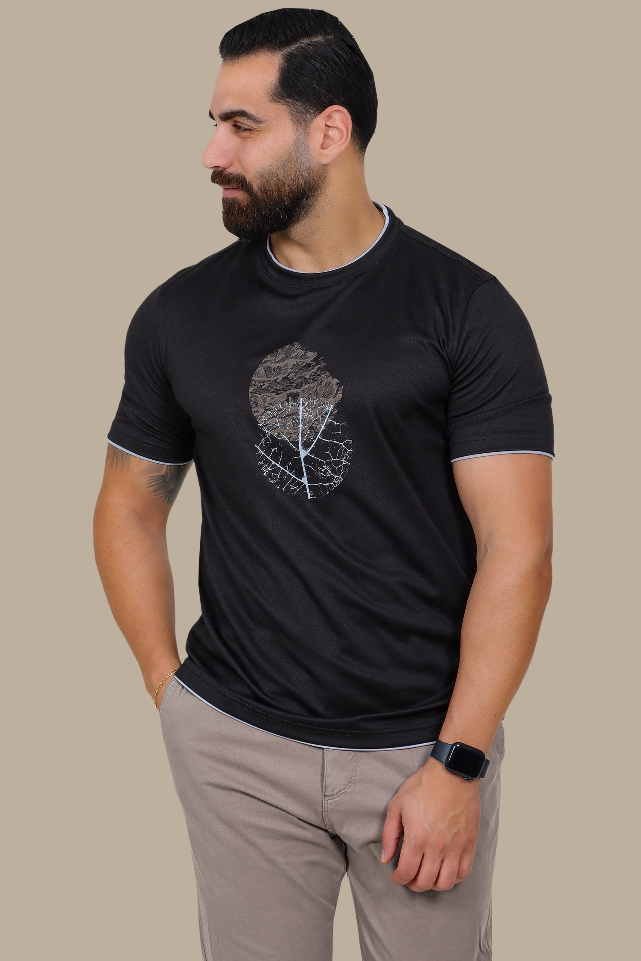 Bold Circle: Double Collar Printed T-Shirt in Black