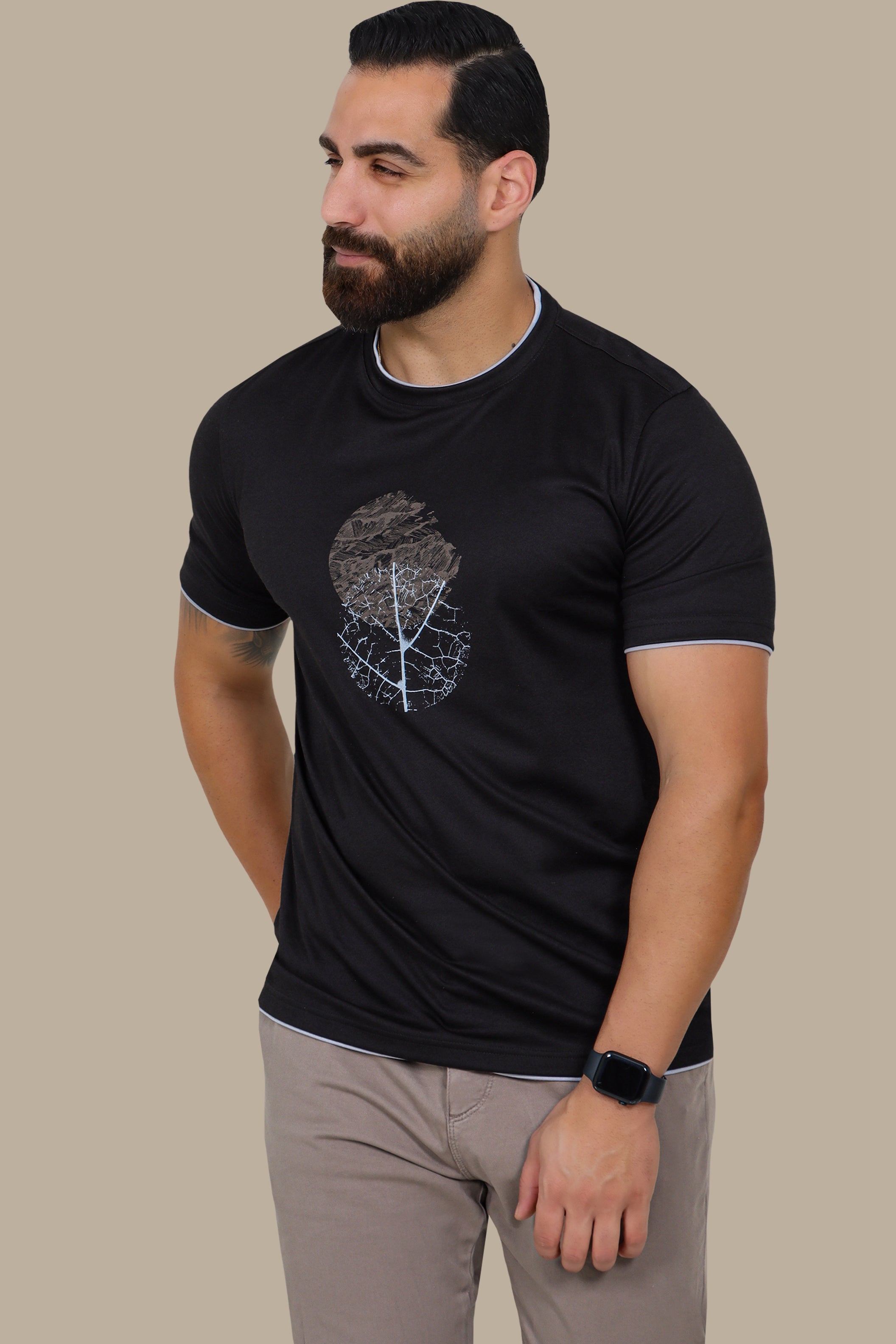 Bold Circle: Double Collar Printed T-Shirt in Black