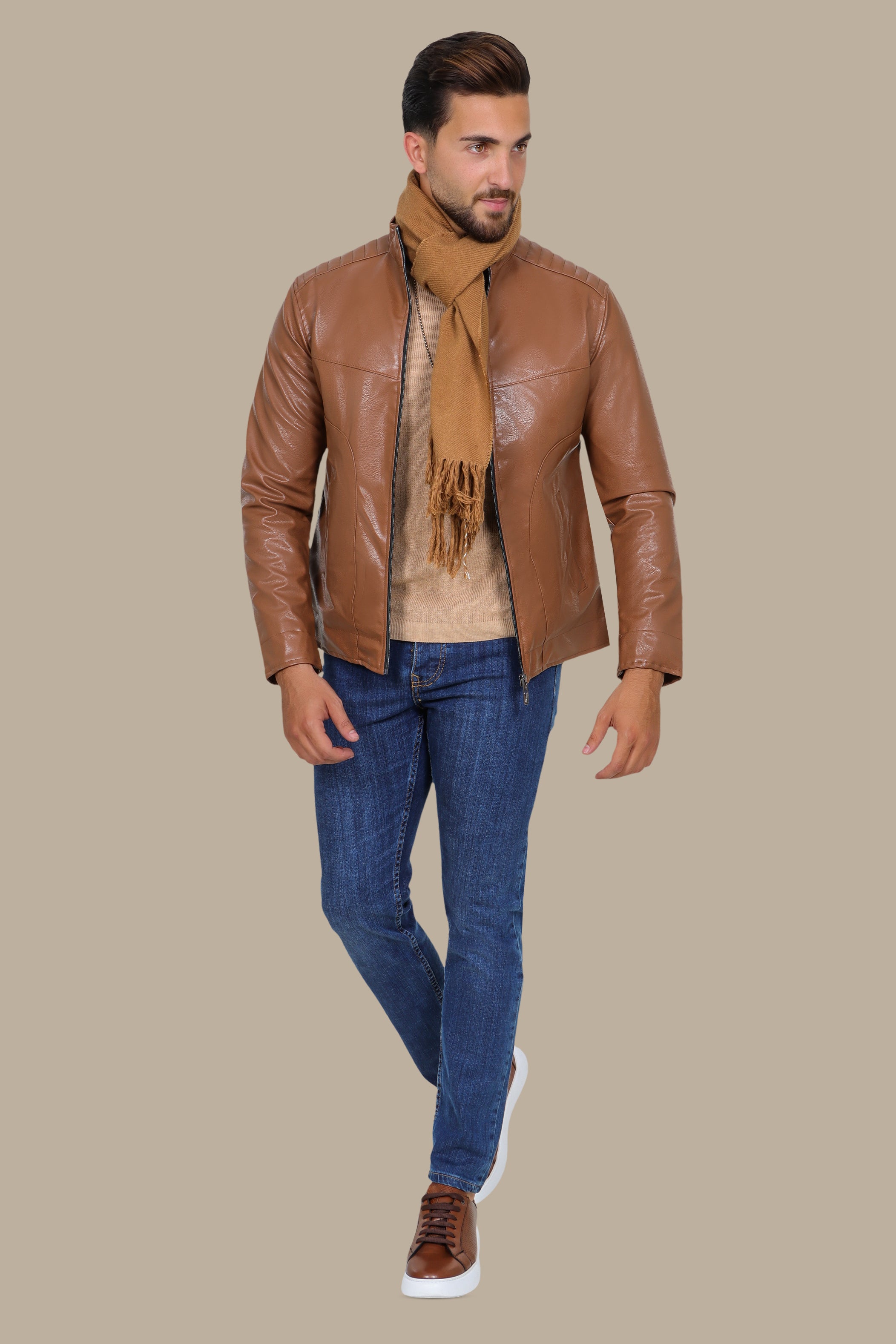Havane High Neck Faux Leather Jacket