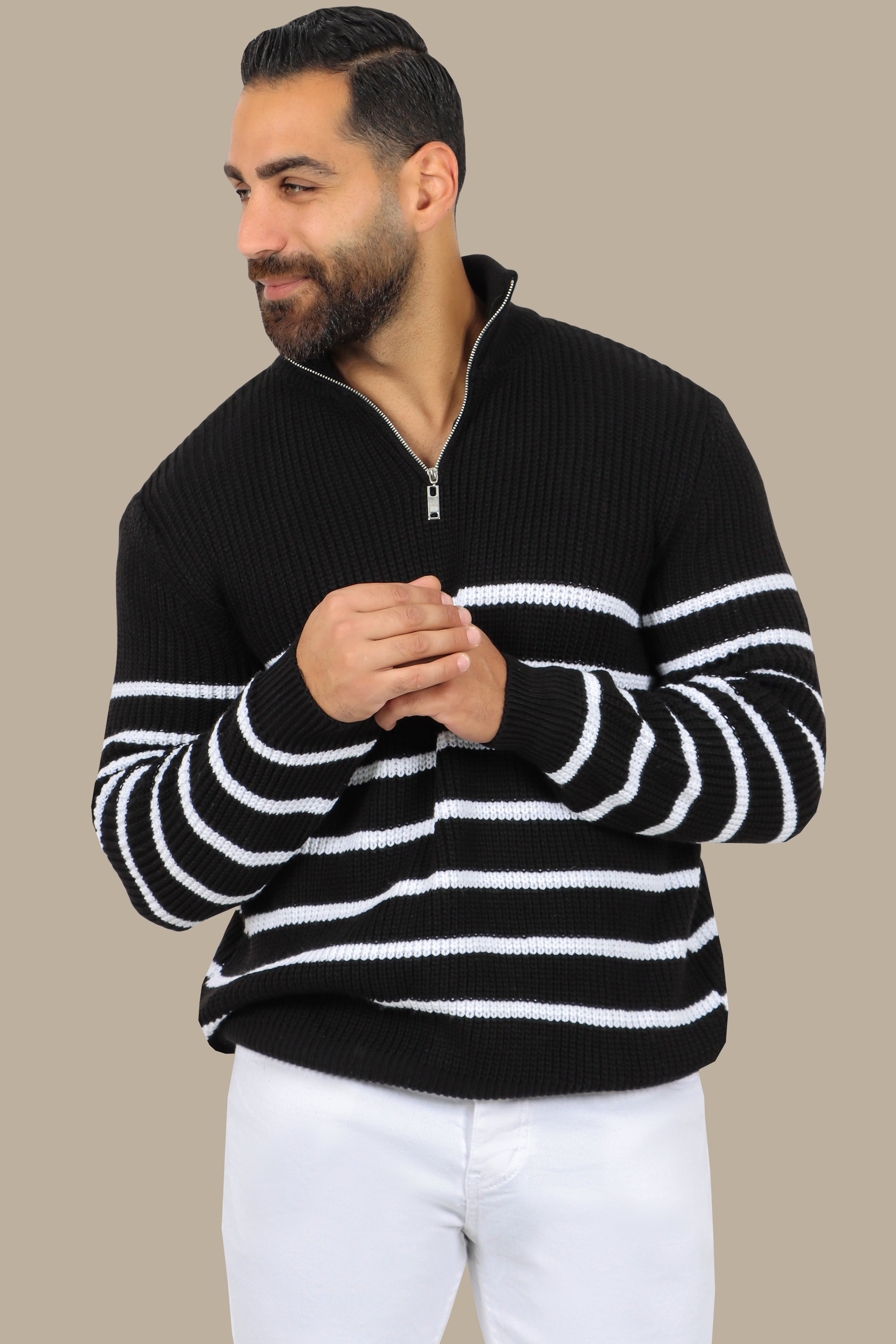 Black Half-Zipper Mercerized Sweater with Small Stripes