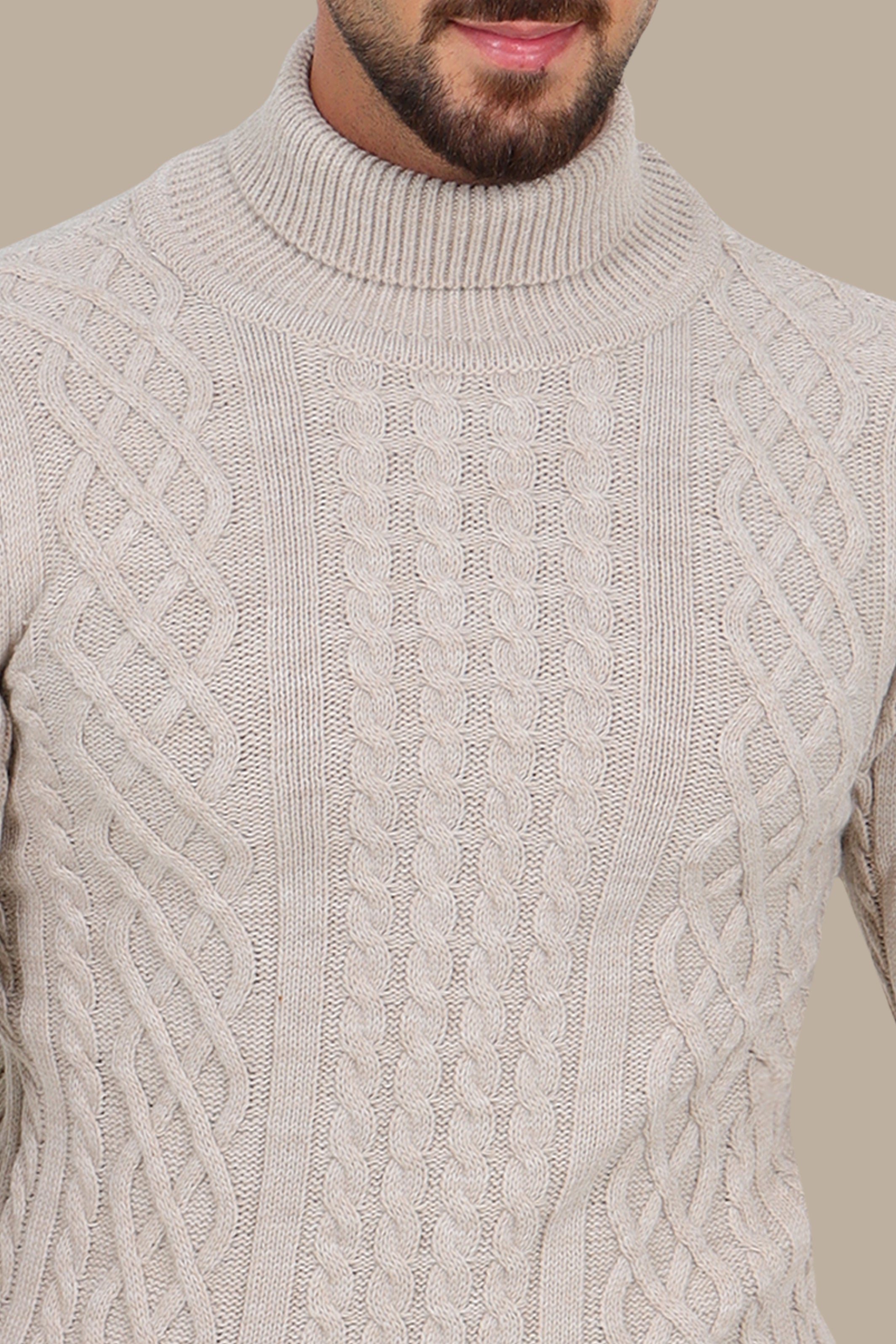 Thick Braided Turtleneck Sweater in Beige