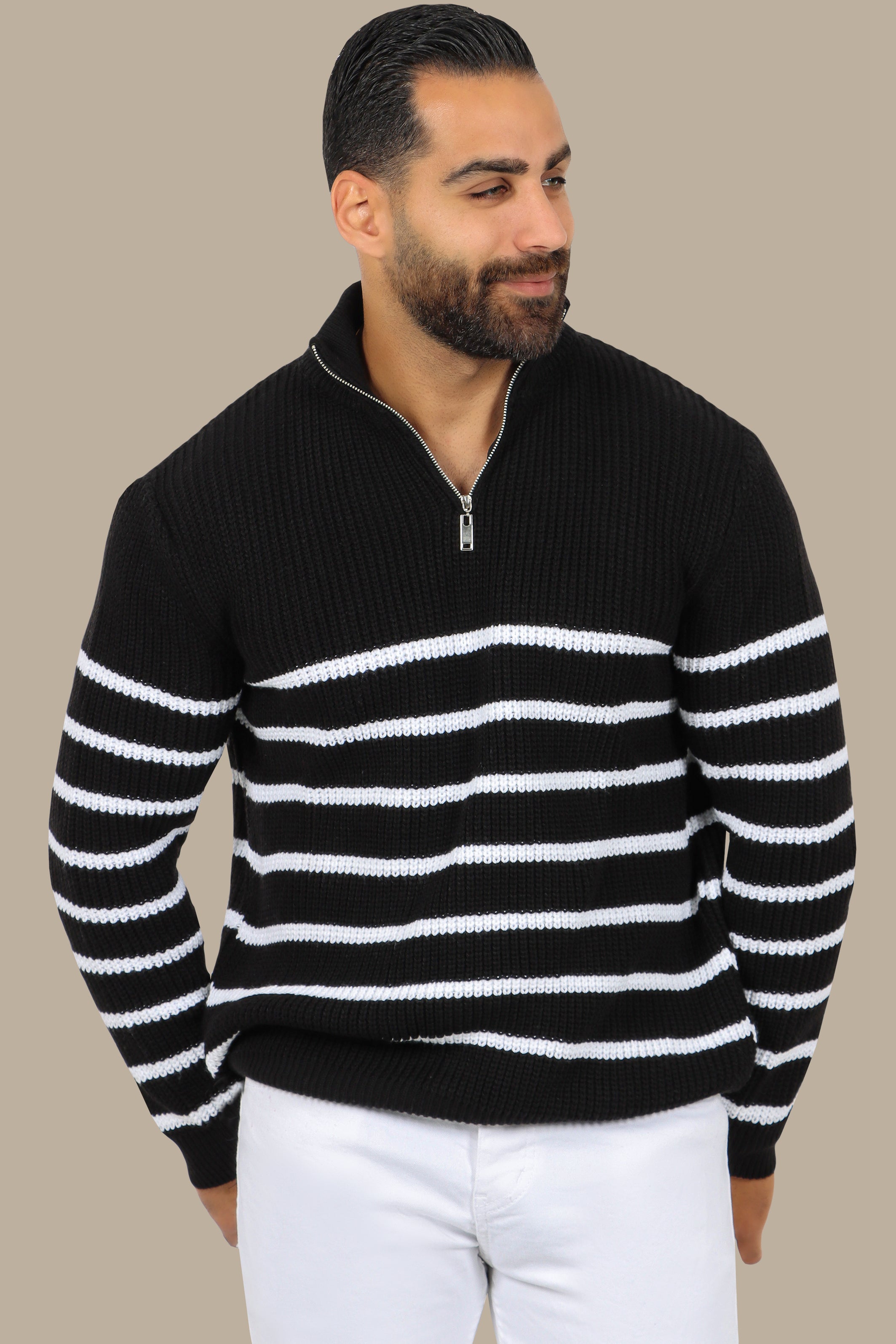 Black Half-Zipper Mercerized Sweater with Small Stripes