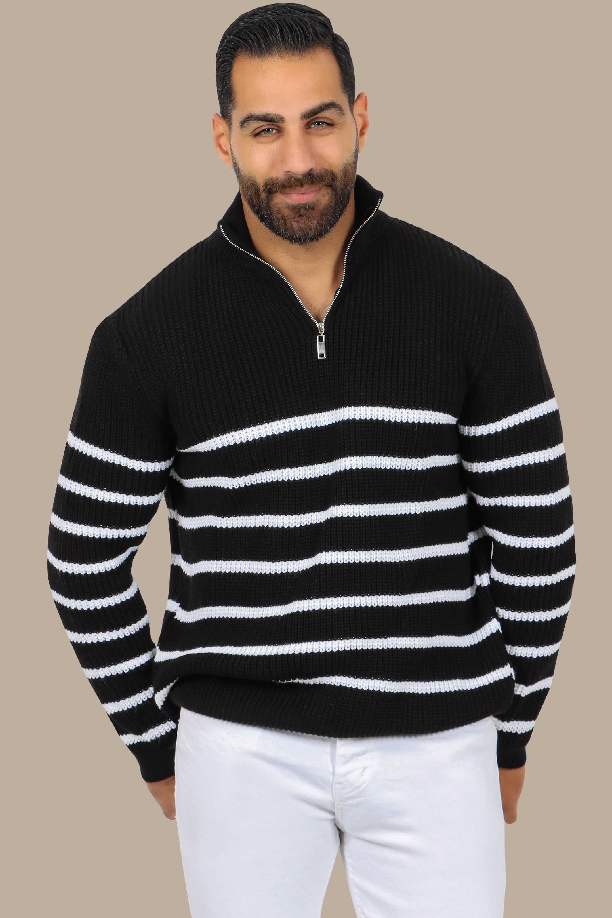 Black Half-Zipper Mercerized Sweater with Small Stripes