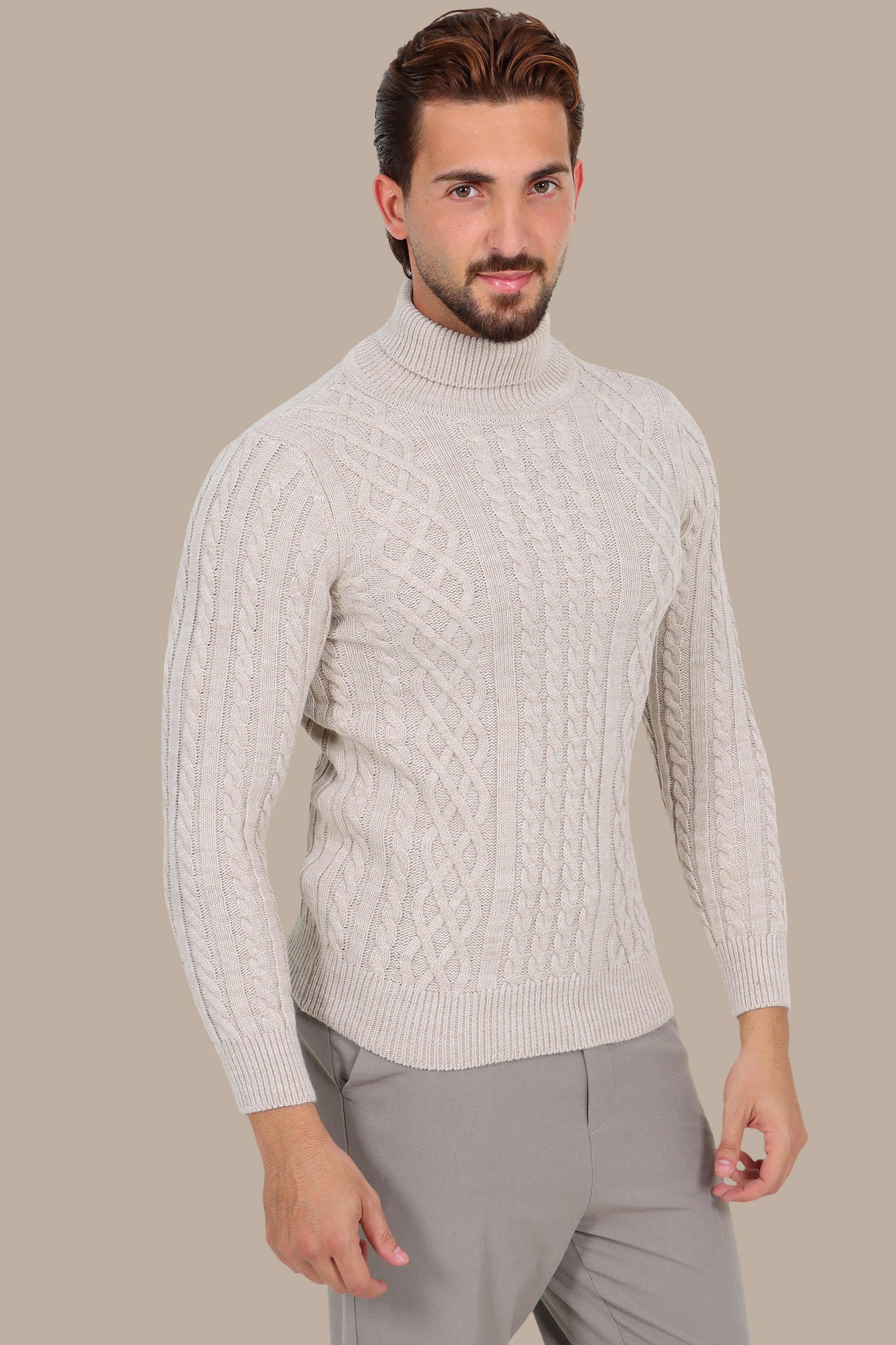 Thick Braided Turtleneck Sweater in Beige