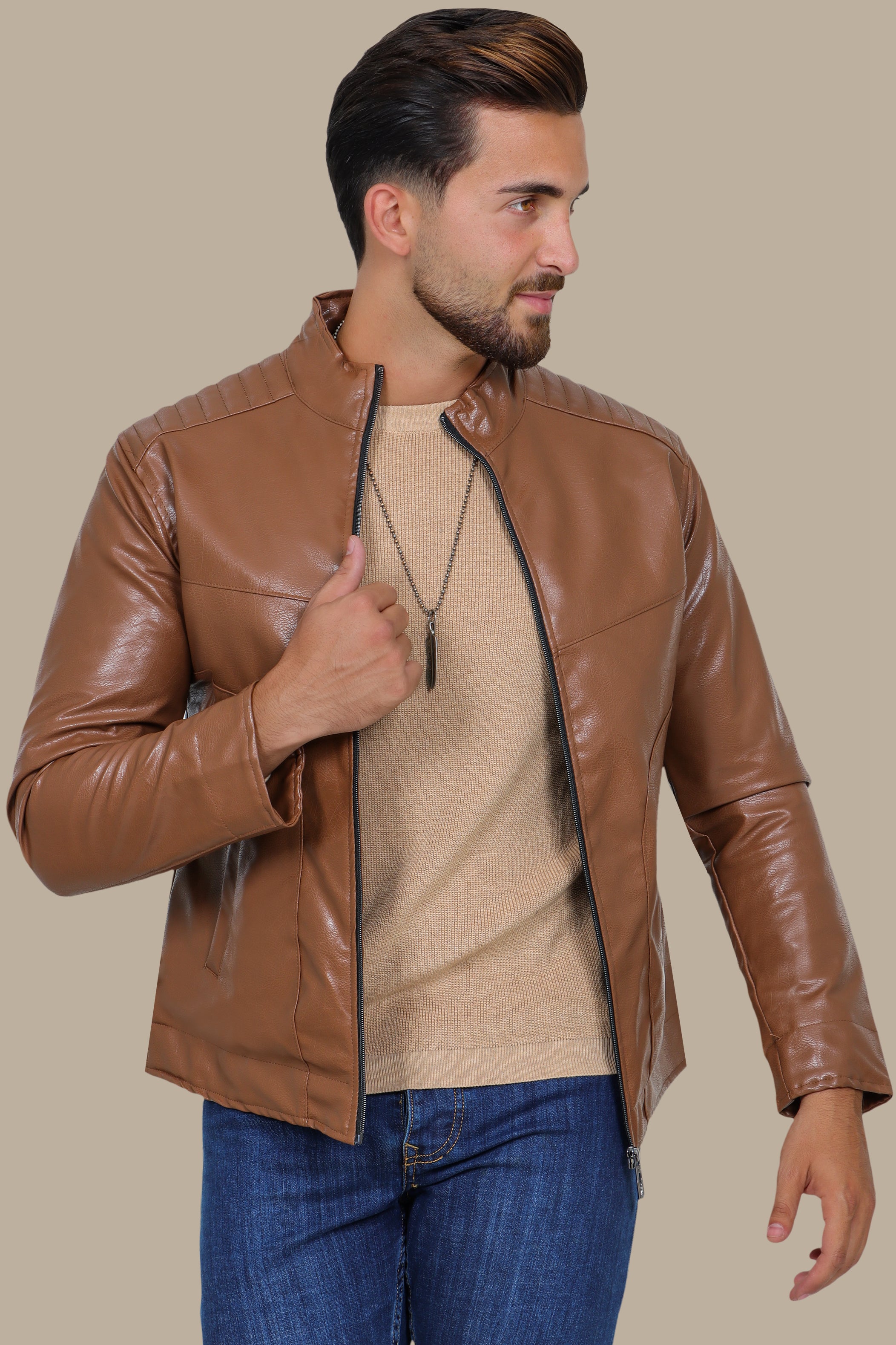 Havane High Neck Faux Leather Jacket