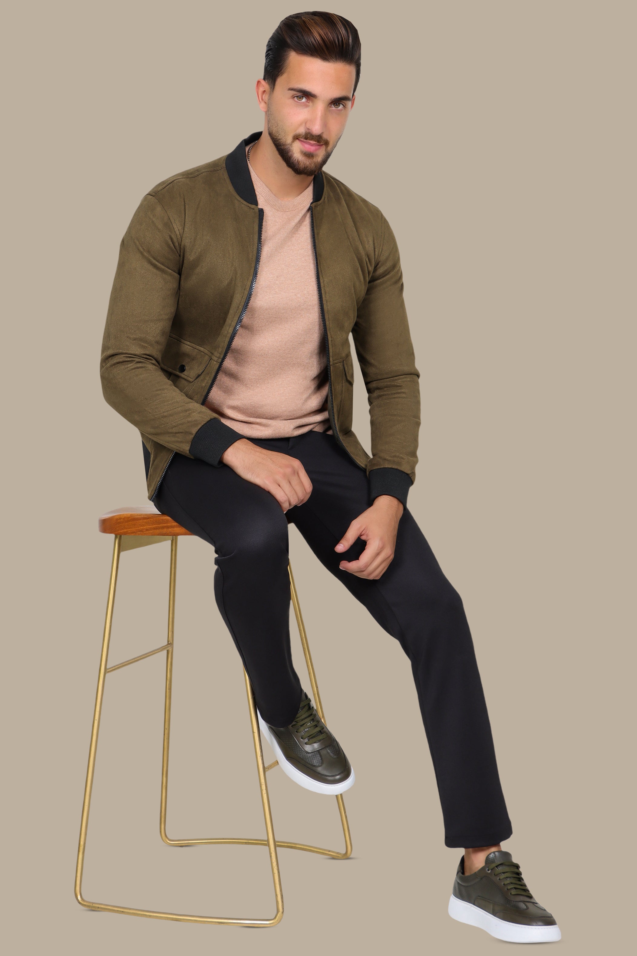 Olive Elegance: Col Mao Blouson Jacket