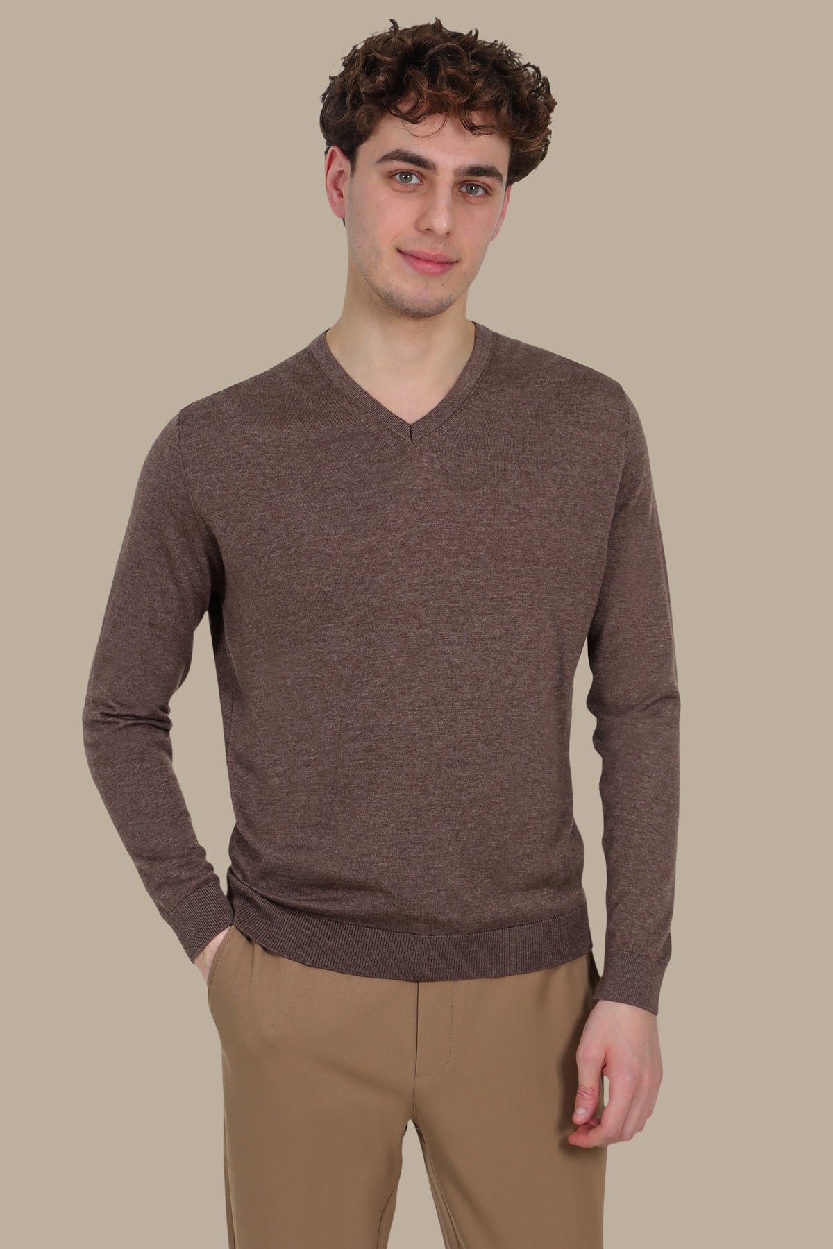 Light Brown V-Neck Sweater