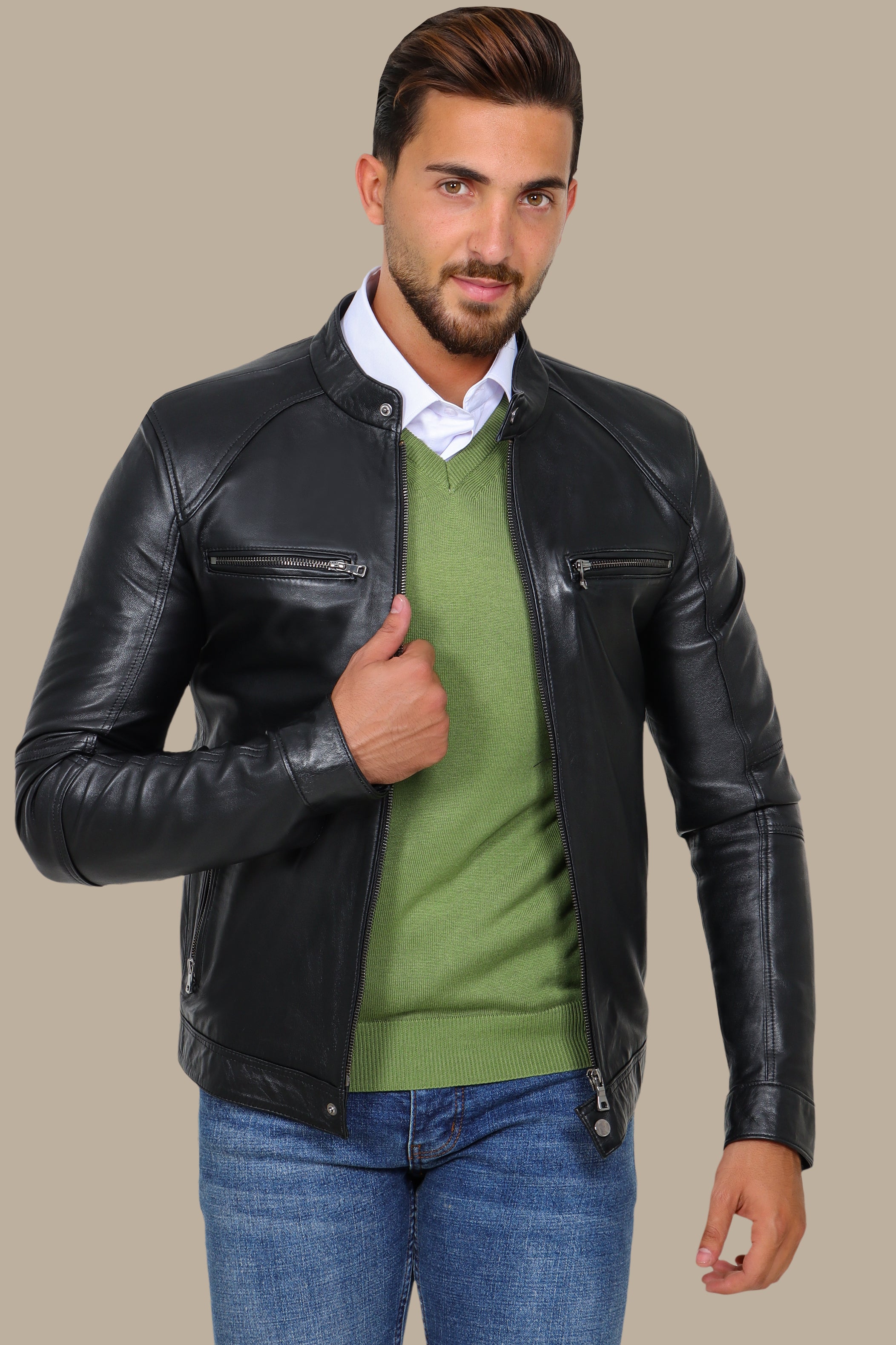 Black Leather Mao-Collar Jacket with Four Zippers