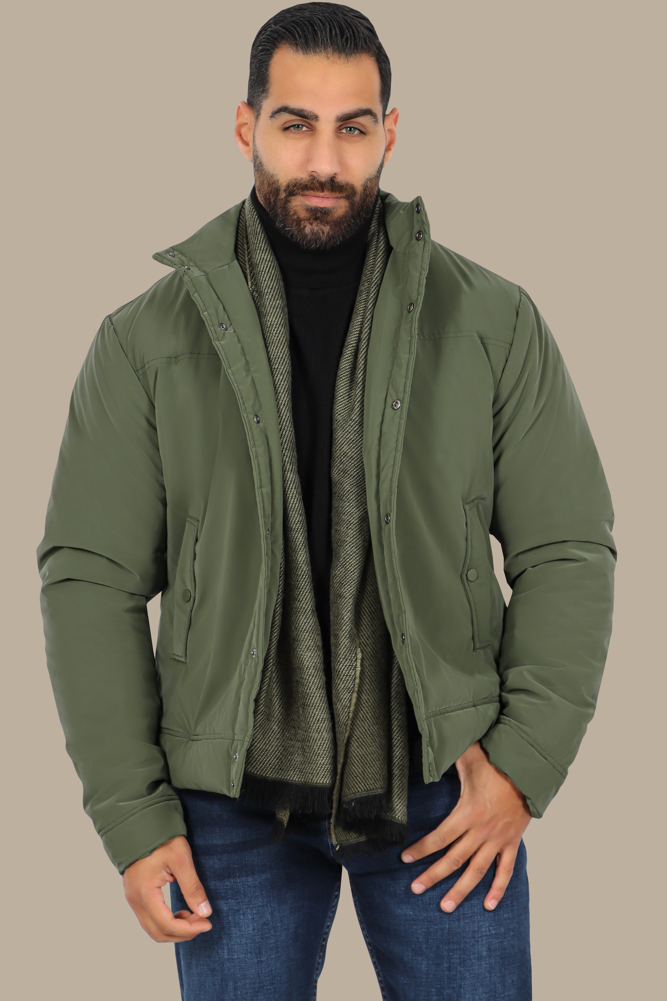 Olive Full Button Puffer Jacket