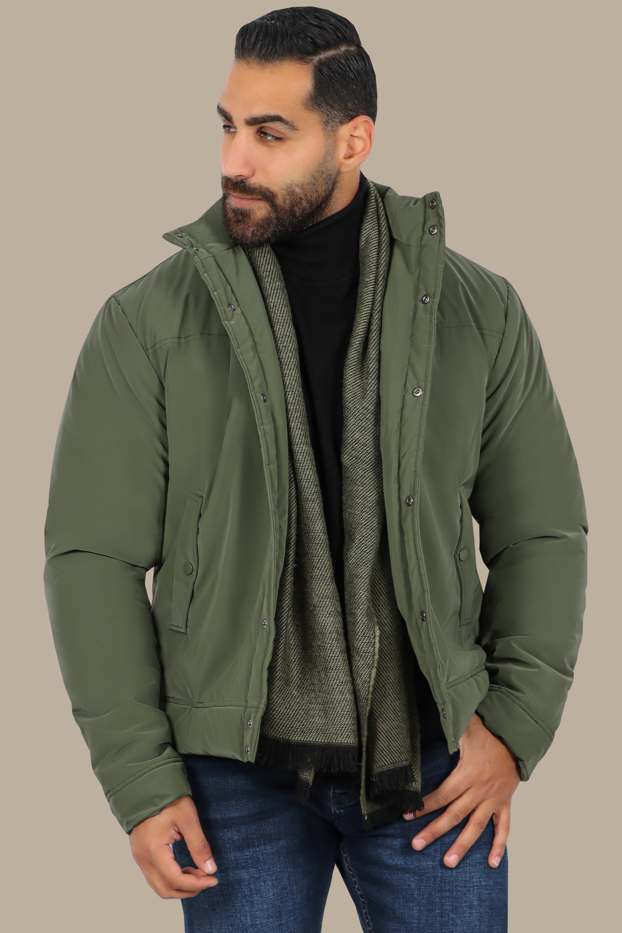 Olive Full Button Puffer Jacket